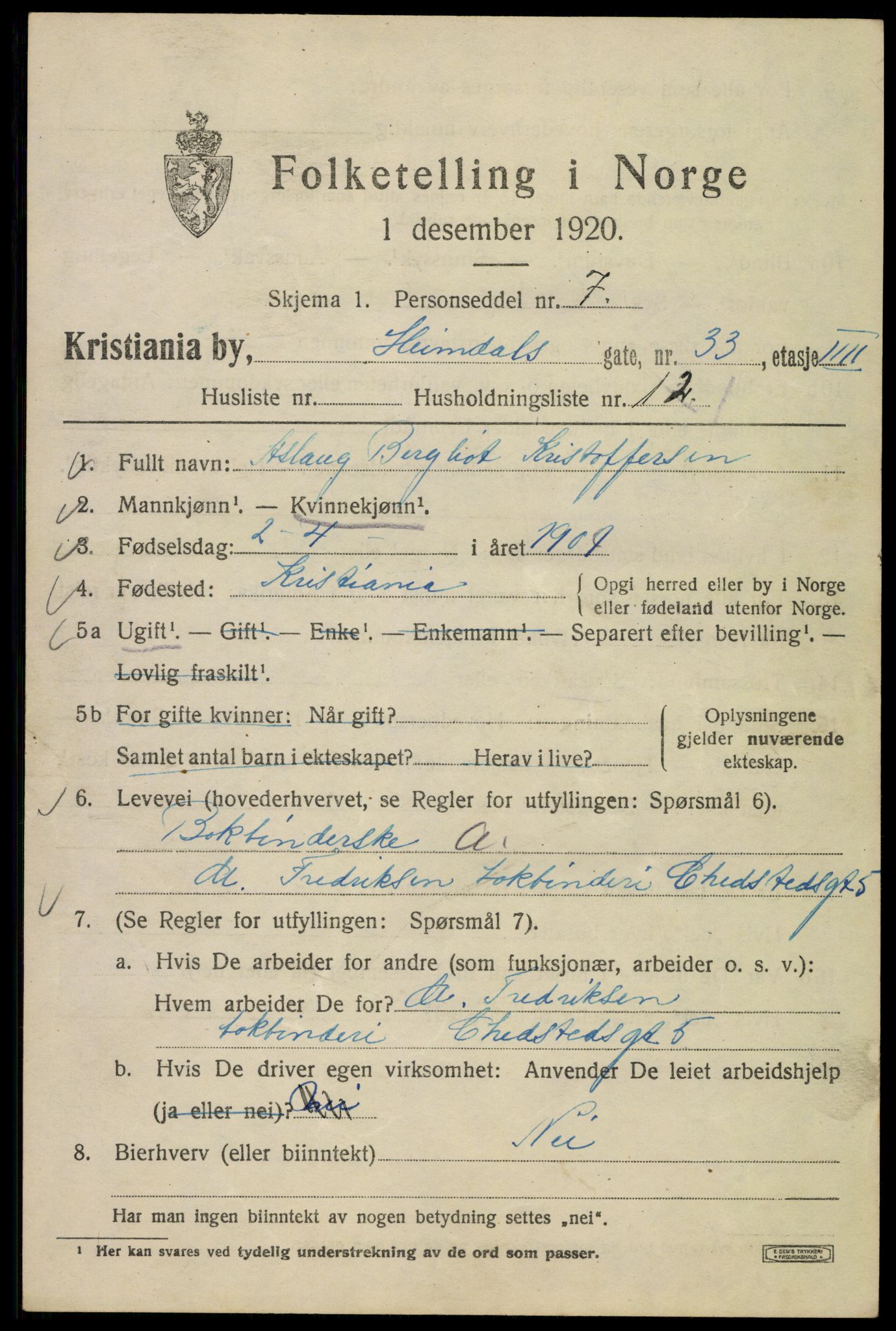 SAO, Folketelling 1920 for 0301 Kristiania kjøpstad, 1920, s. 281219
