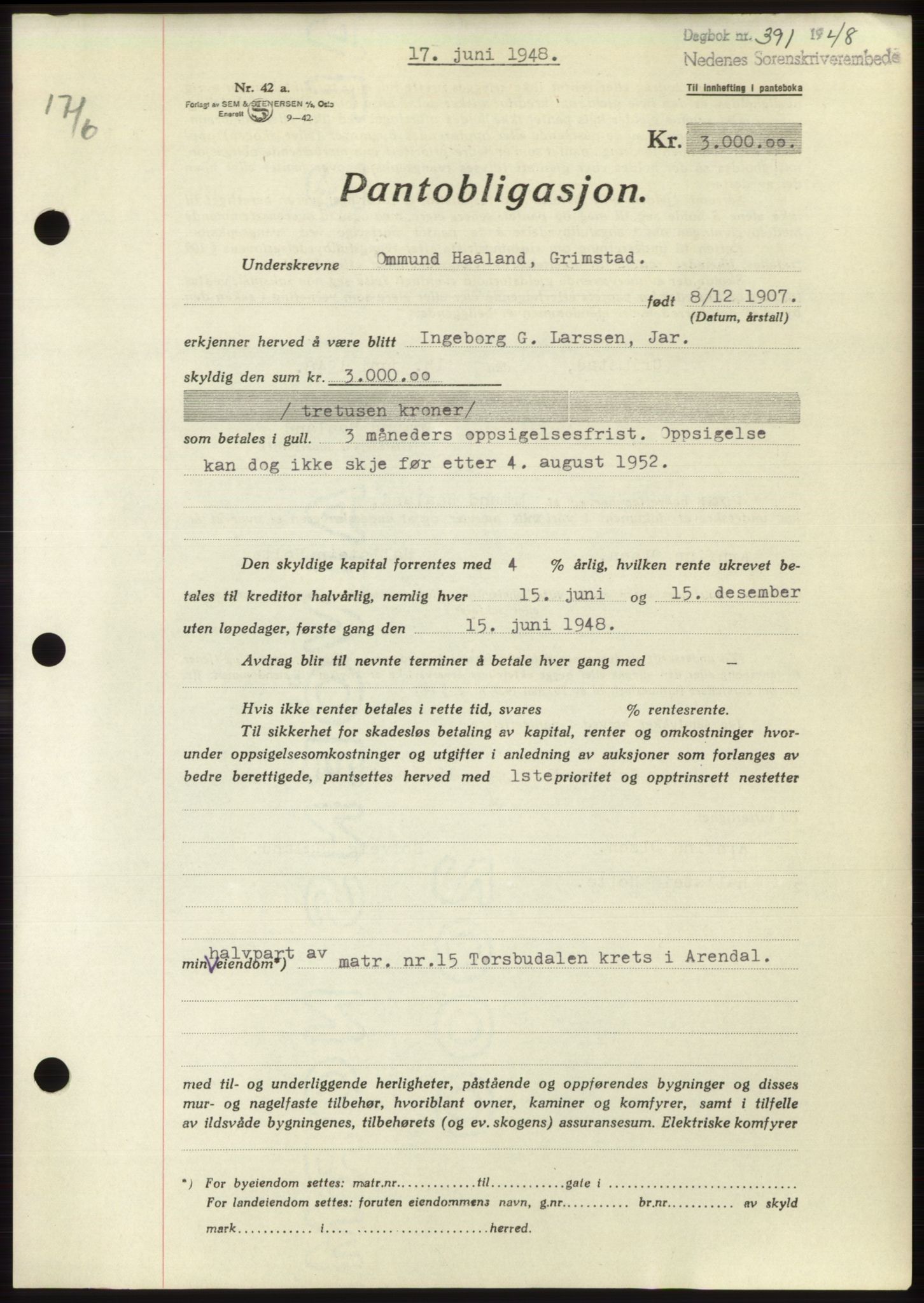 Arendal byfogd, SAK/1222-0001/G/Gb/Gbb/L0004: Pantebok nr. B3, 1947-1948, Dagboknr: 391/1948