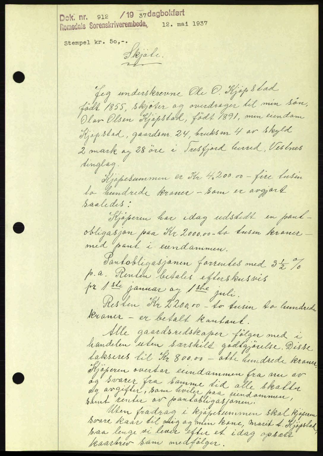 Romsdal sorenskriveri, SAT/A-4149/1/2/2C: Pantebok nr. A3, 1937-1937, Dagboknr: 912/1937