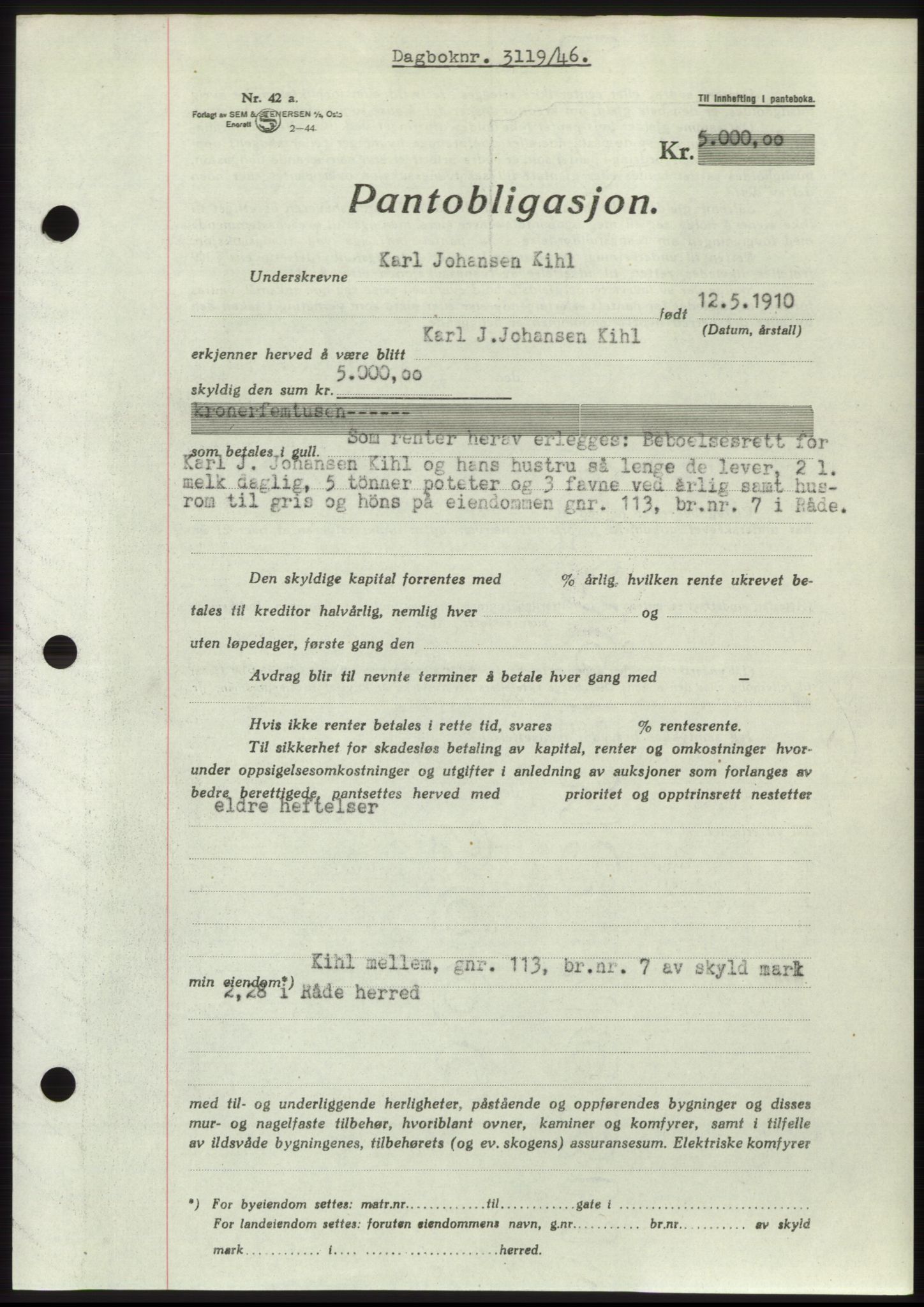 Moss sorenskriveri, SAO/A-10168: Pantebok nr. B16, 1946-1947, Dagboknr: 3119/1946