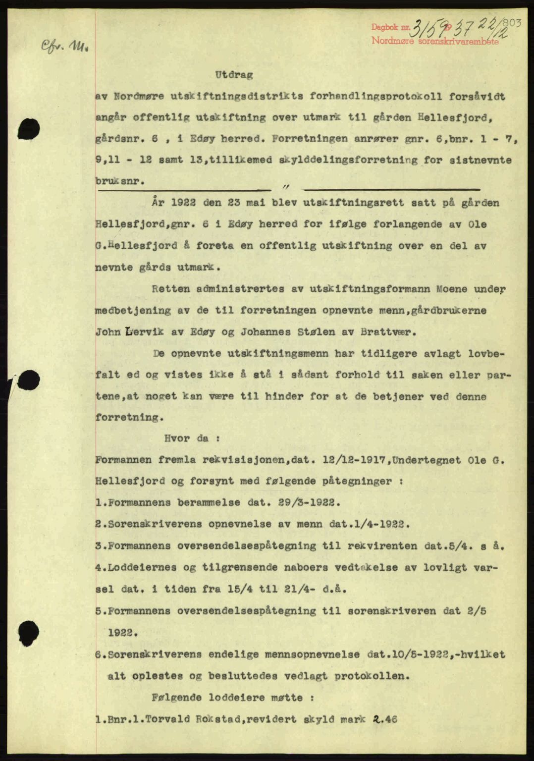Nordmøre sorenskriveri, SAT/A-4132/1/2/2Ca: Pantebok nr. A82, 1937-1938, Dagboknr: 3159/1937