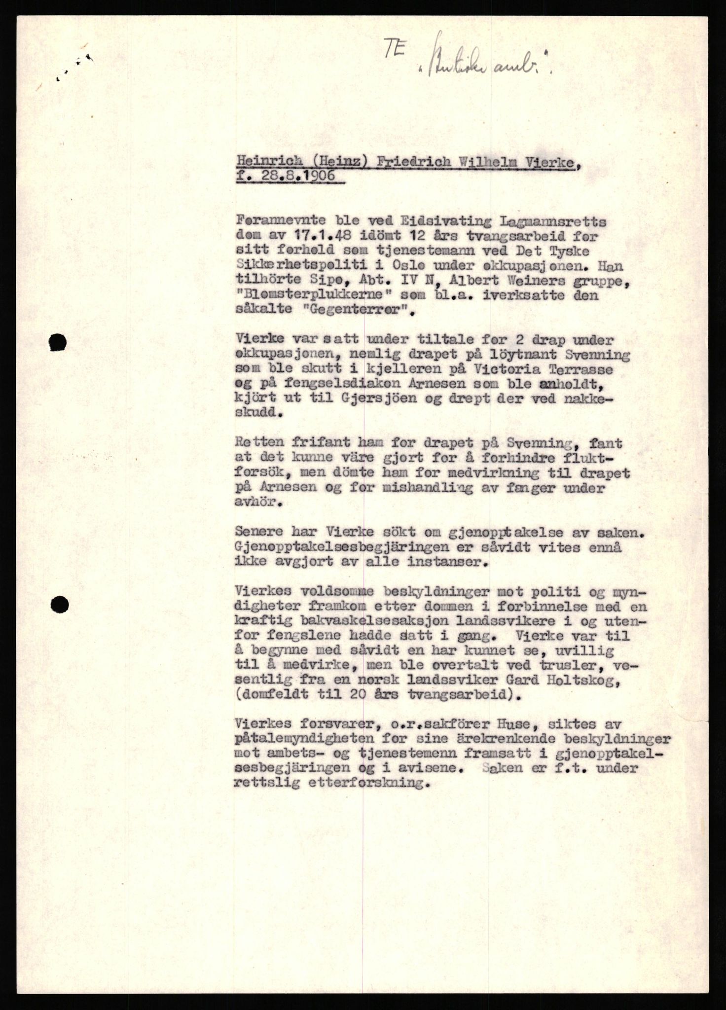 Forsvaret, Forsvarets overkommando II, AV/RA-RAFA-3915/D/Db/L0034: CI Questionaires. Tyske okkupasjonsstyrker i Norge. Tyskere., 1945-1946, s. 277