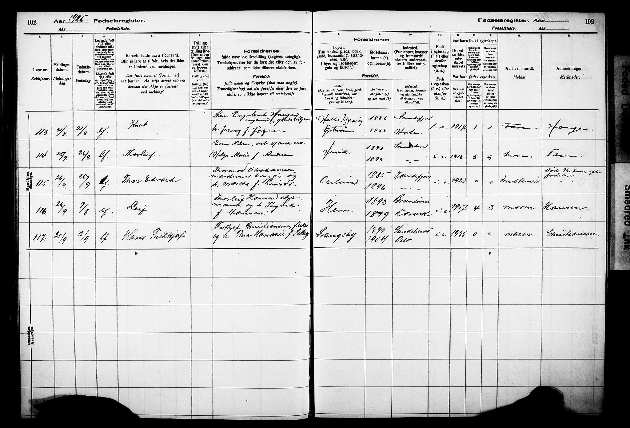 Sandar kirkebøker, AV/SAKO-A-243/J/Ja/L0002: Fødselsregister nr. 2, 1922-1929, s. 102