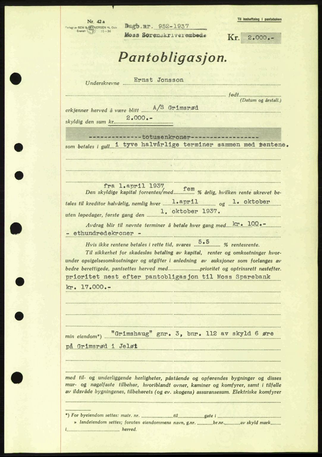Moss sorenskriveri, SAO/A-10168: Pantebok nr. B3, 1937-1937, Dagboknr: 952/1937