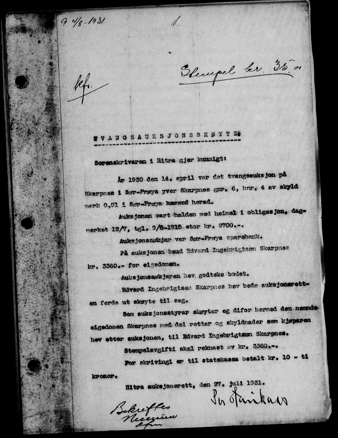 Hitra sorenskriveri, AV/SAT-A-0018/2/2C/2Ca/L0017: Pantebok nr. 17, 1931-1932, s. 0-1