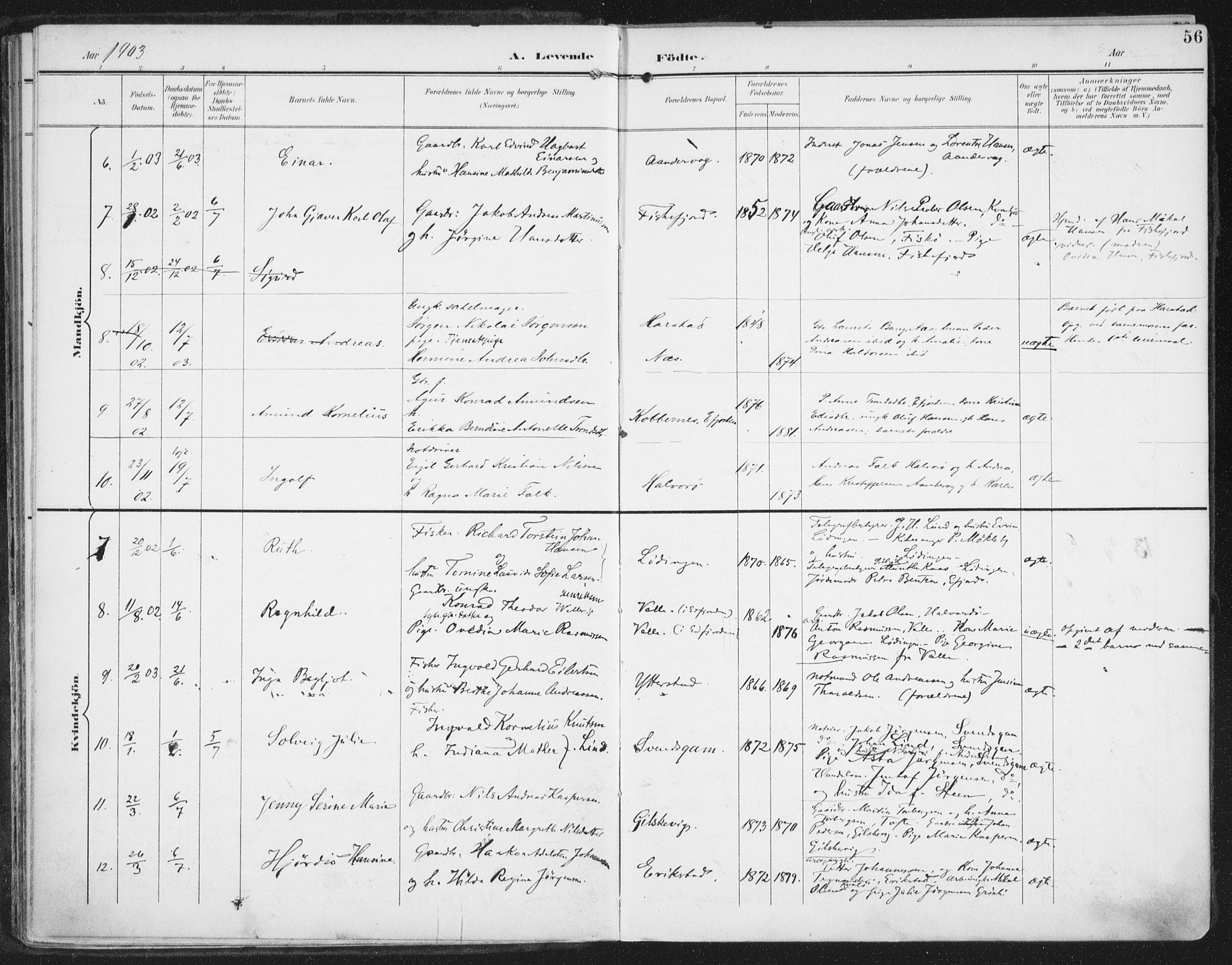 Ministerialprotokoller, klokkerbøker og fødselsregistre - Nordland, AV/SAT-A-1459/872/L1036: Ministerialbok nr. 872A11, 1897-1913, s. 56