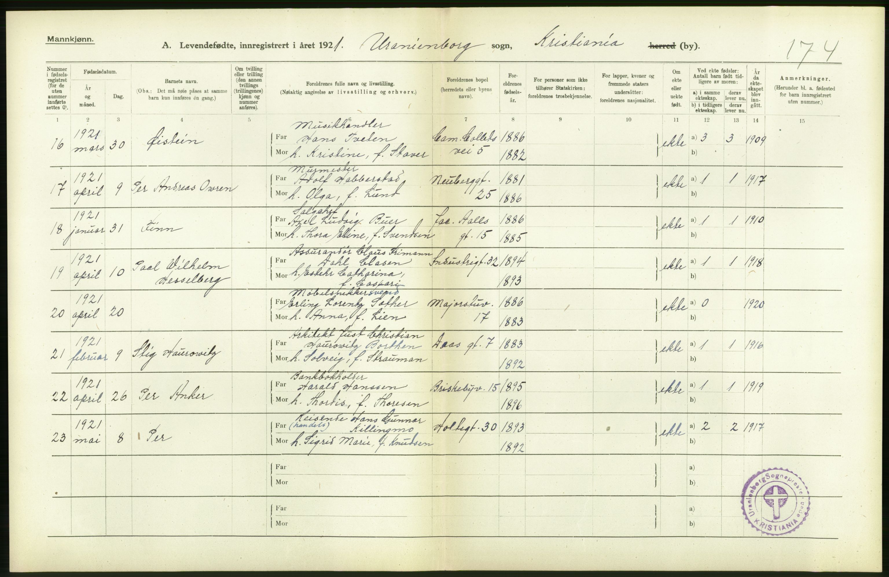 Statistisk sentralbyrå, Sosiodemografiske emner, Befolkning, RA/S-2228/D/Df/Dfc/Dfca/L0010: Kristiania: Levendefødte menn og kvinner., 1921, s. 108