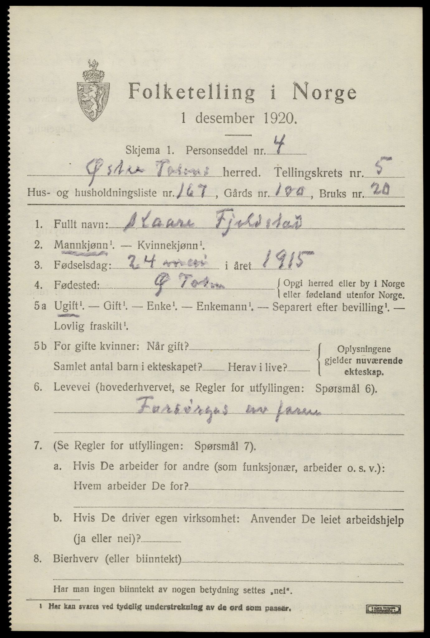 SAH, Folketelling 1920 for 0528 Østre Toten herred, 1920, s. 12830
