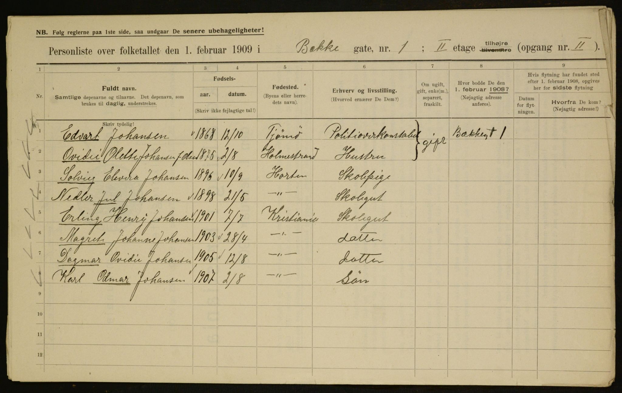 OBA, Kommunal folketelling 1.2.1909 for Kristiania kjøpstad, 1909, s. 106515