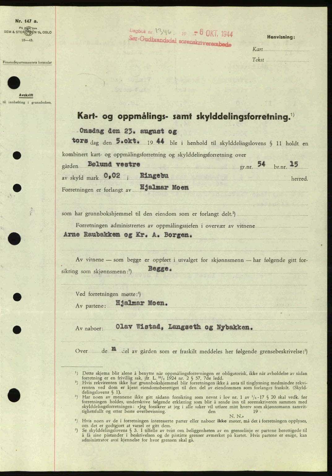 Sør-Gudbrandsdal tingrett, SAH/TING-004/H/Hb/Hbd/L0013: Pantebok nr. A13, 1944-1944, Dagboknr: 1346/1944