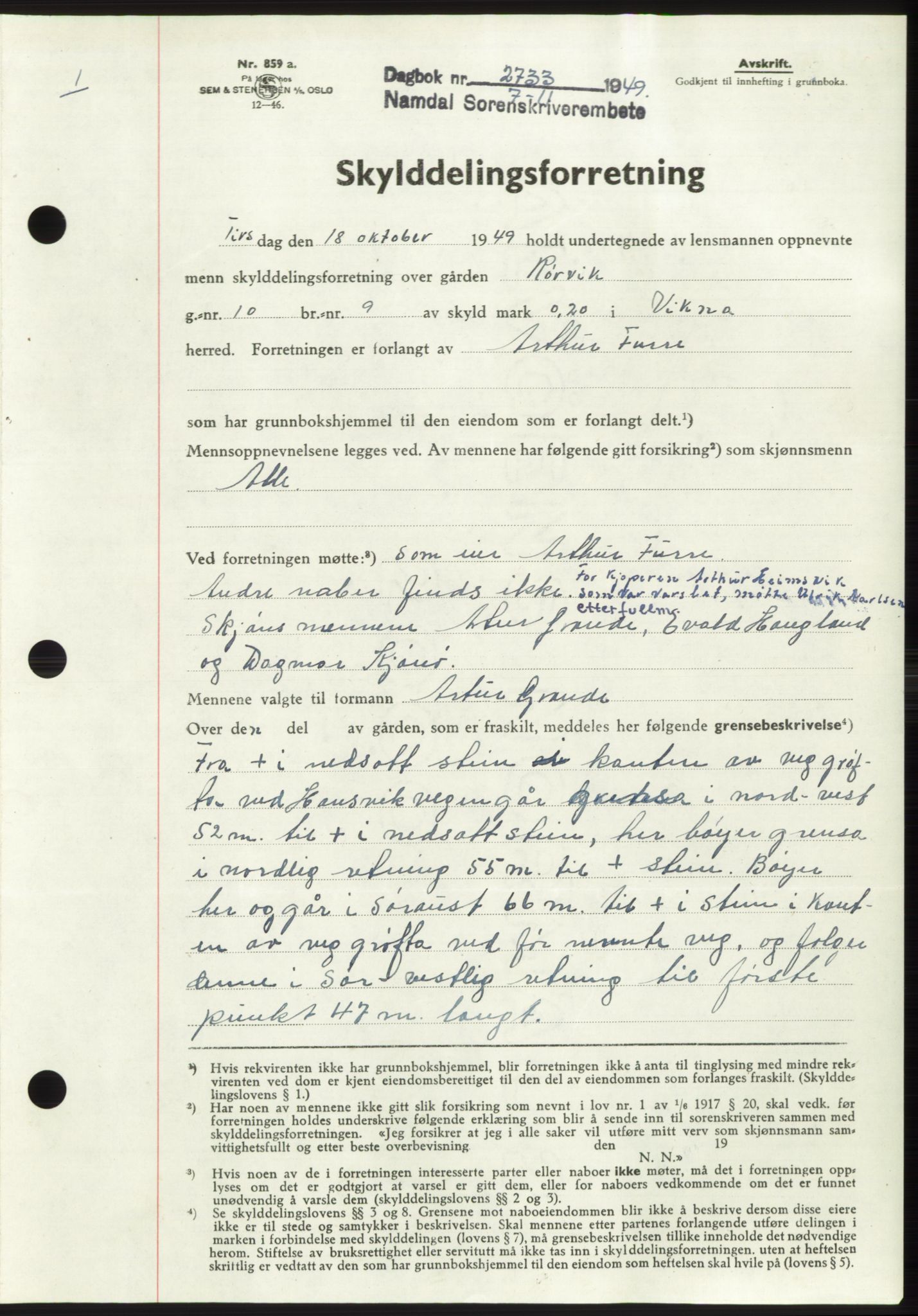 Namdal sorenskriveri, SAT/A-4133/1/2/2C: Pantebok nr. -, 1949-1949, Dagboknr: 2733/1949