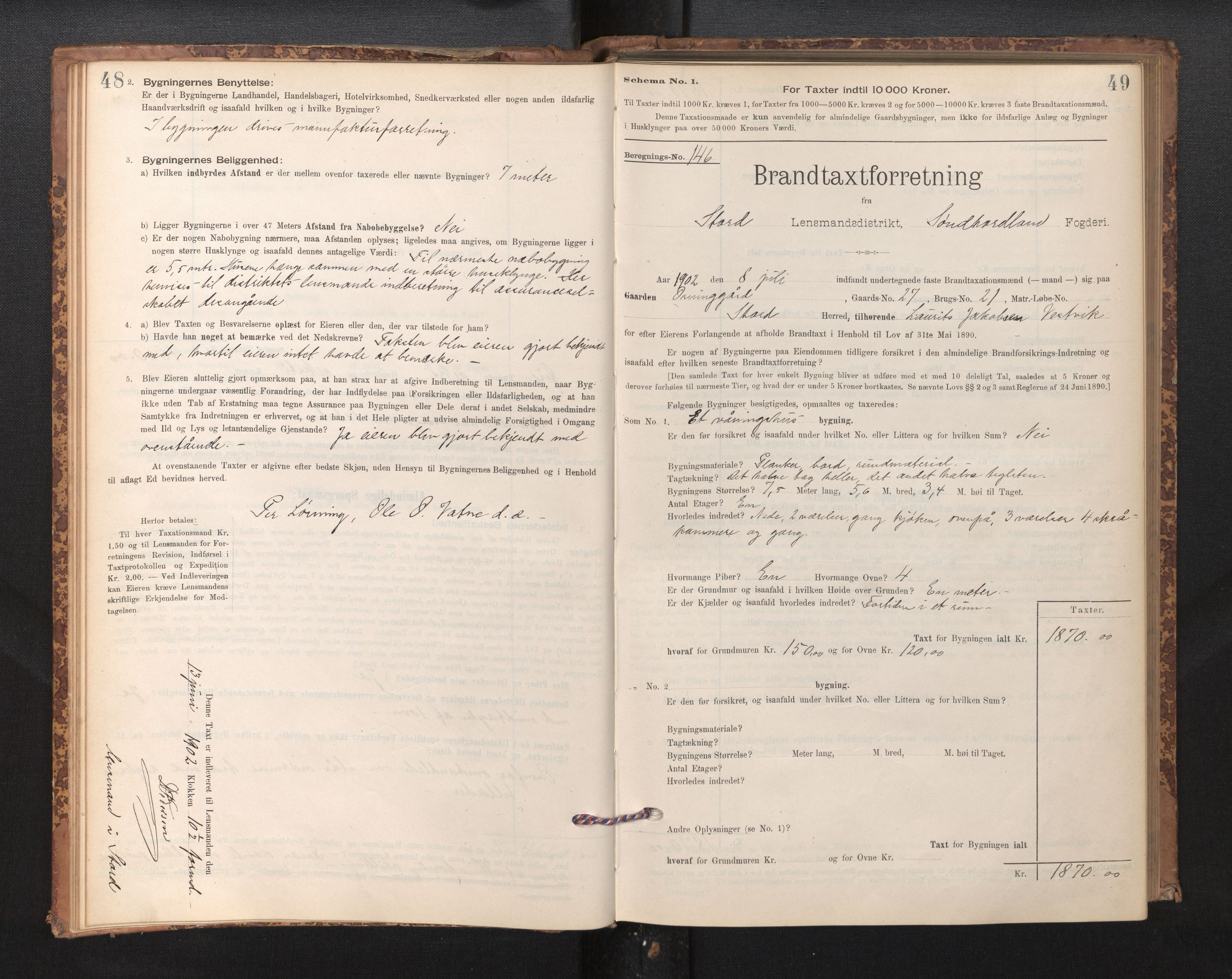 Lensmannen i Stord, SAB/A-35001/0012/L0002: Branntakstprotokoll, skjematakst, 1897-1922, s. 48-49