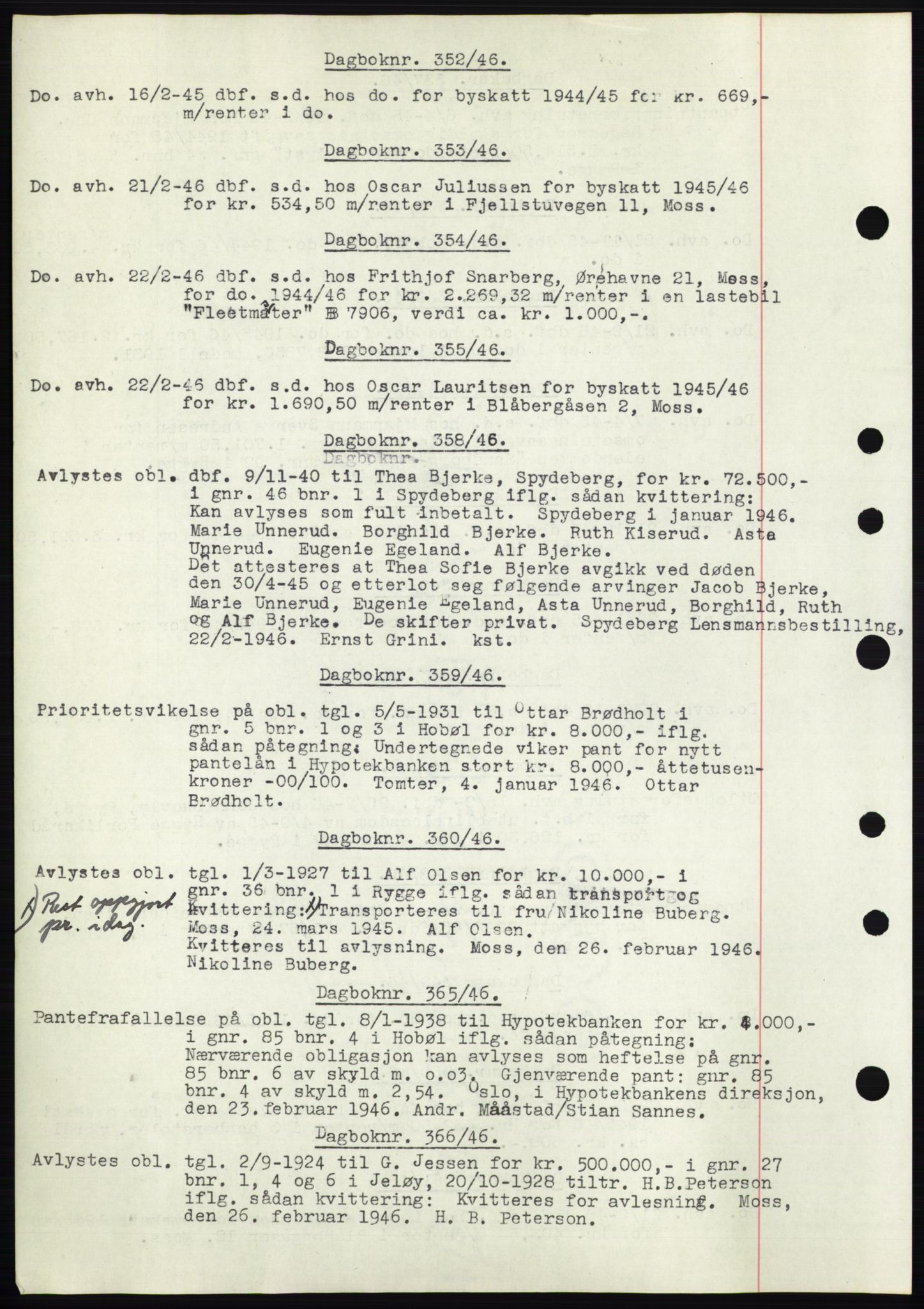 Moss sorenskriveri, SAO/A-10168: Pantebok nr. C10, 1938-1950, Dagboknr: 352/1946