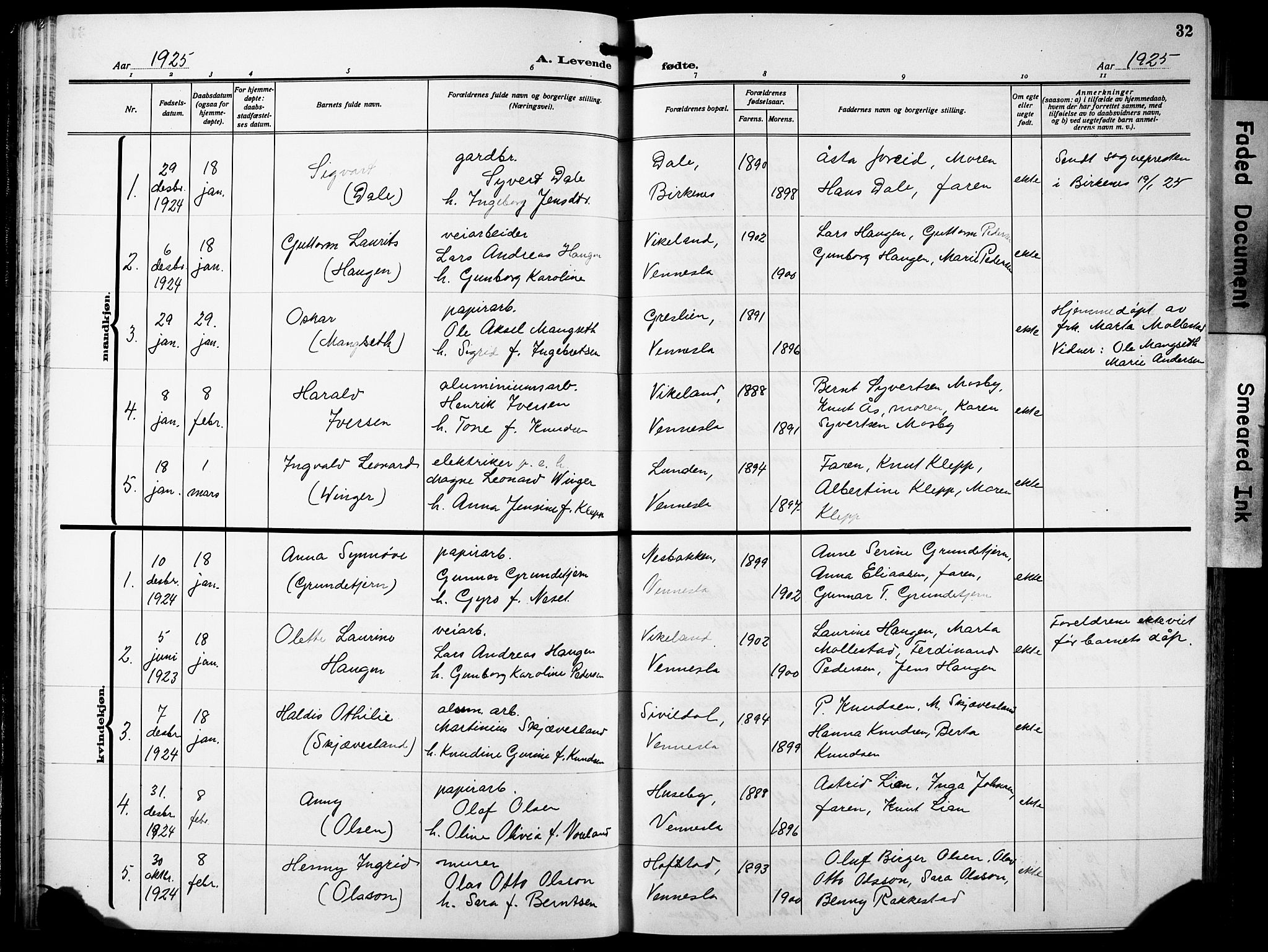 Vennesla sokneprestkontor, SAK/1111-0045/Fb/Fbb/L0007: Klokkerbok nr. B 7, 1922-1933, s. 32