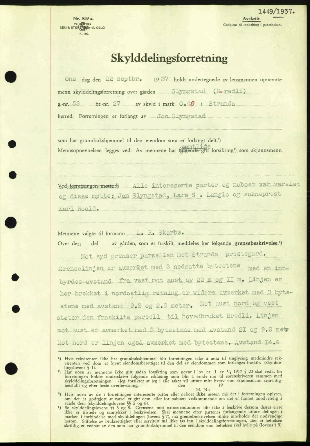 Nordre Sunnmøre sorenskriveri, SAT/A-0006/1/2/2C/2Ca: Pantebok nr. A3, 1937-1937, Dagboknr: 1449/1937