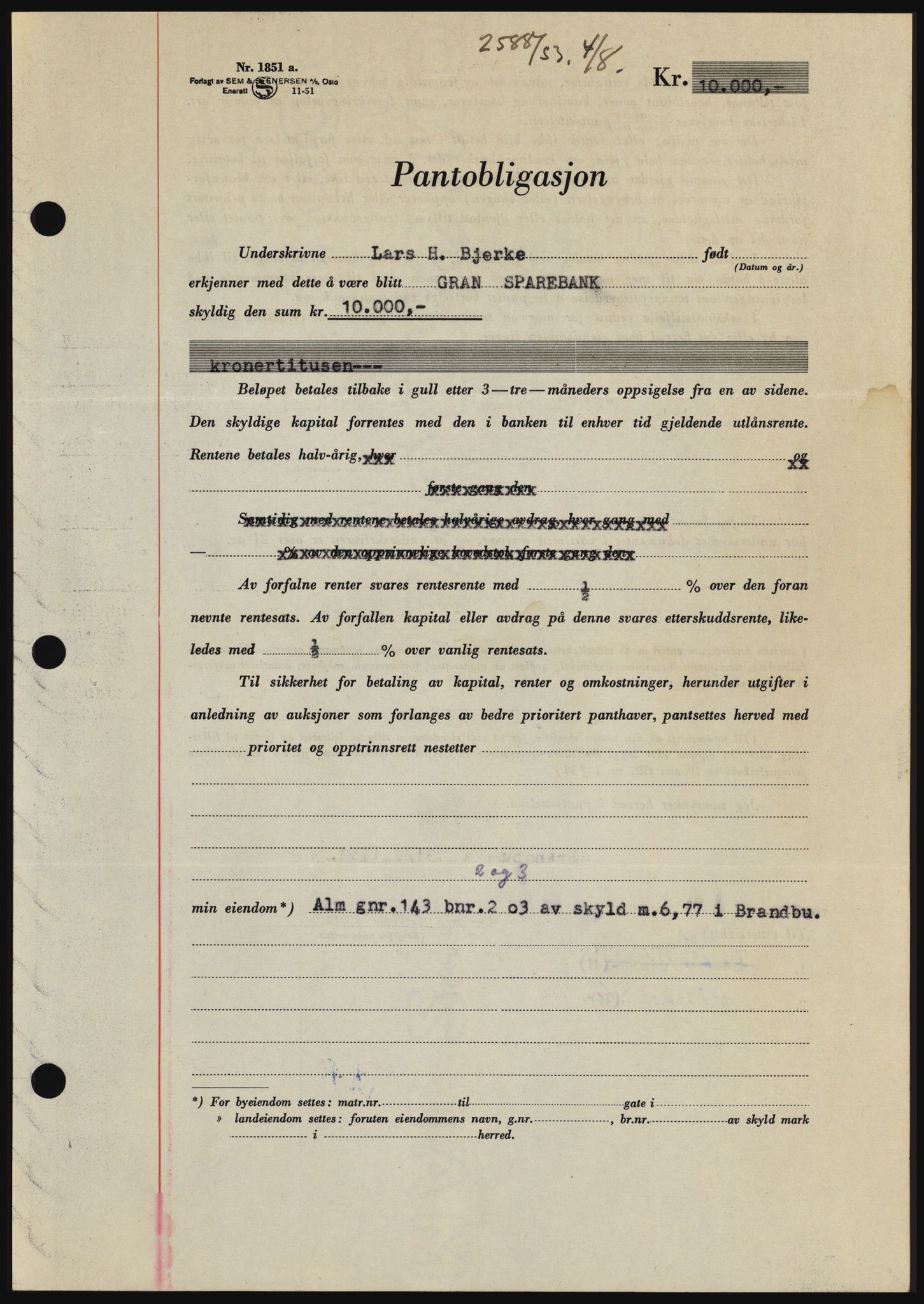 Hadeland og Land tingrett, SAH/TING-010/H/Hb/Hbc/L0027: Pantebok nr. B27, 1953-1953, Dagboknr: 2588/1953