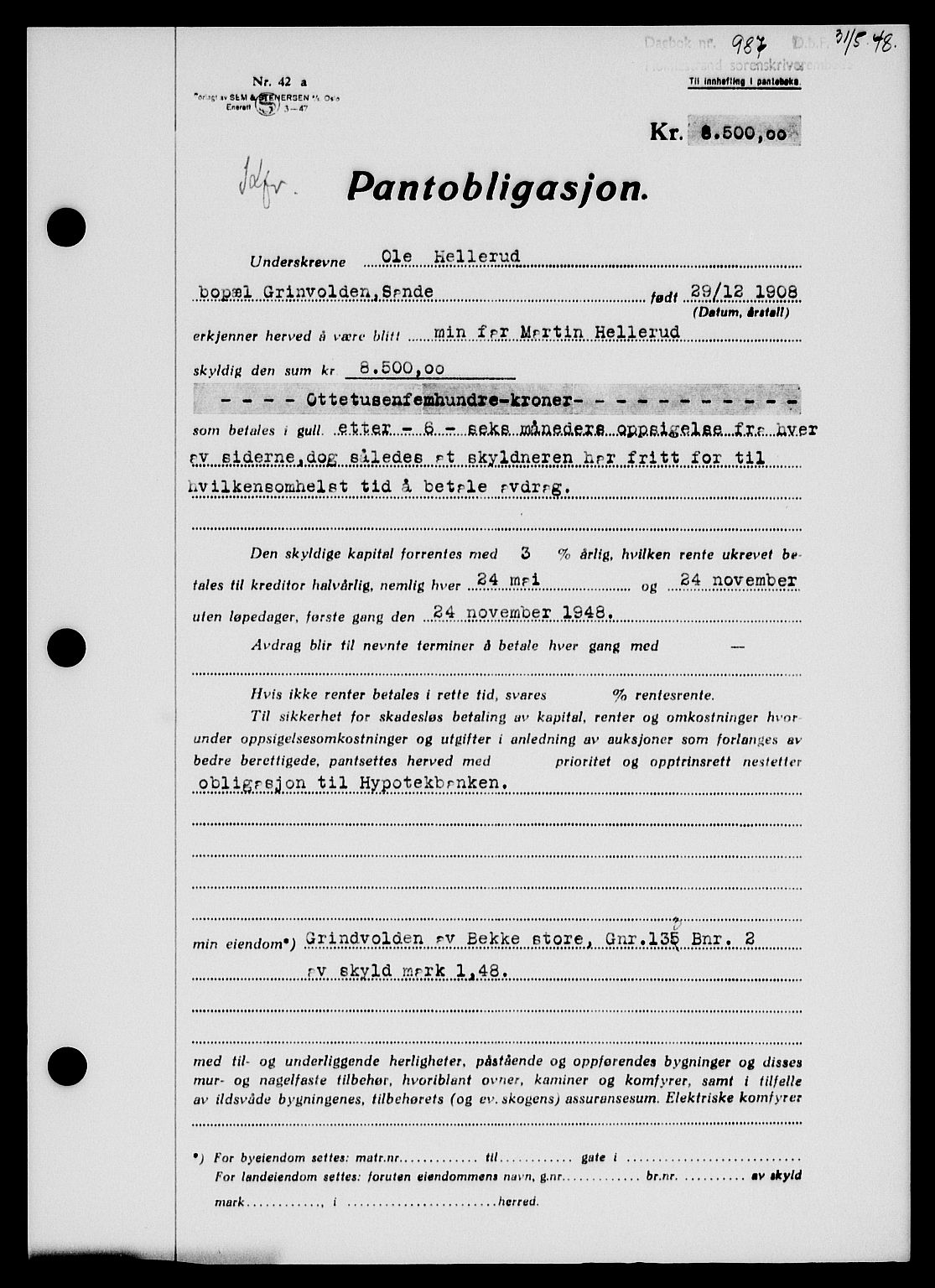 Holmestrand sorenskriveri, SAKO/A-67/G/Ga/Gab/L0058: Pantebok nr. B-58, 1947-1948, Dagboknr: 987/1948