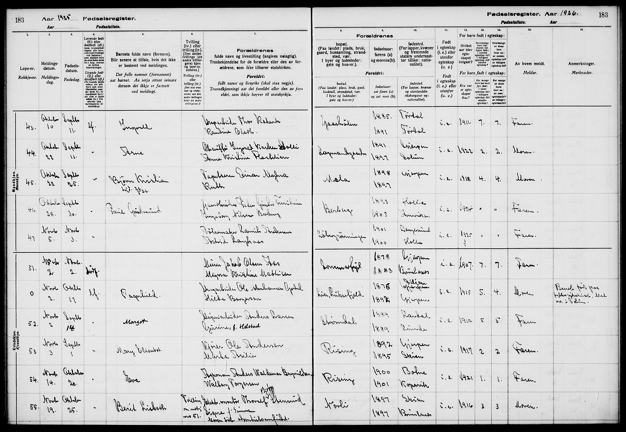 Gjerpen kirkebøker, AV/SAKO-A-265/J/Ja/L0001: Fødselsregister nr. I 1, 1916-1926, s. 183