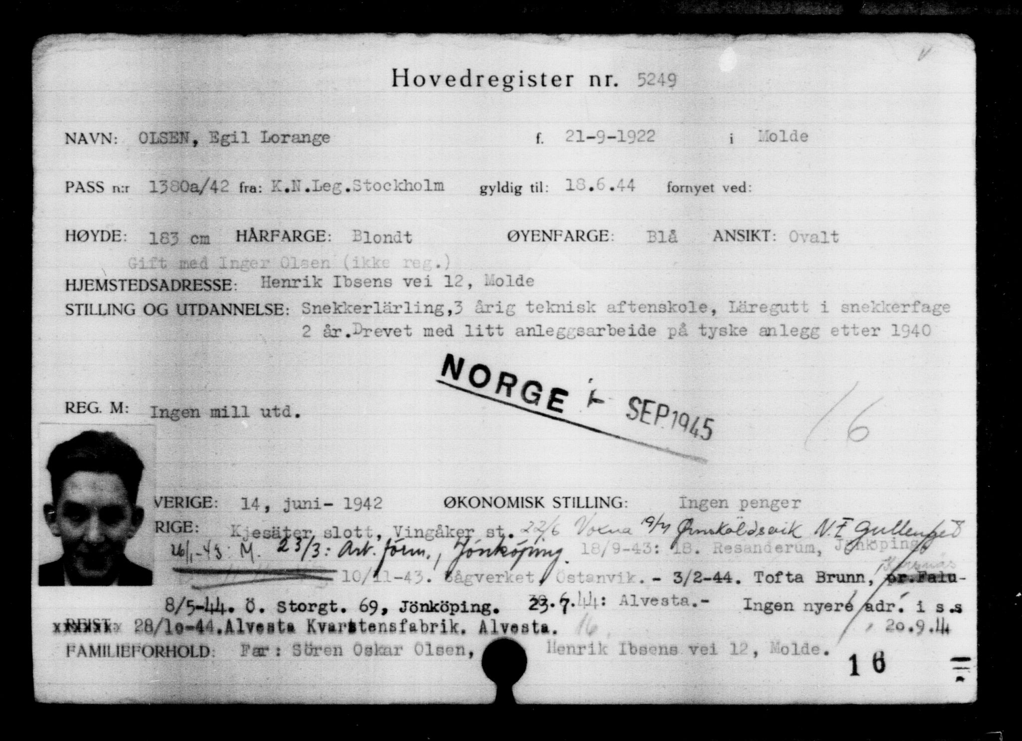 Utenriksstasjonene, Legasjonen i Stockholm, Flyktningkontoret, AV/RA-S-6753/V/Va/L0004: Kjesäterkartoteket, flyktninger med registreringsnr. 3496-6610, 1940-1945, s. 2016