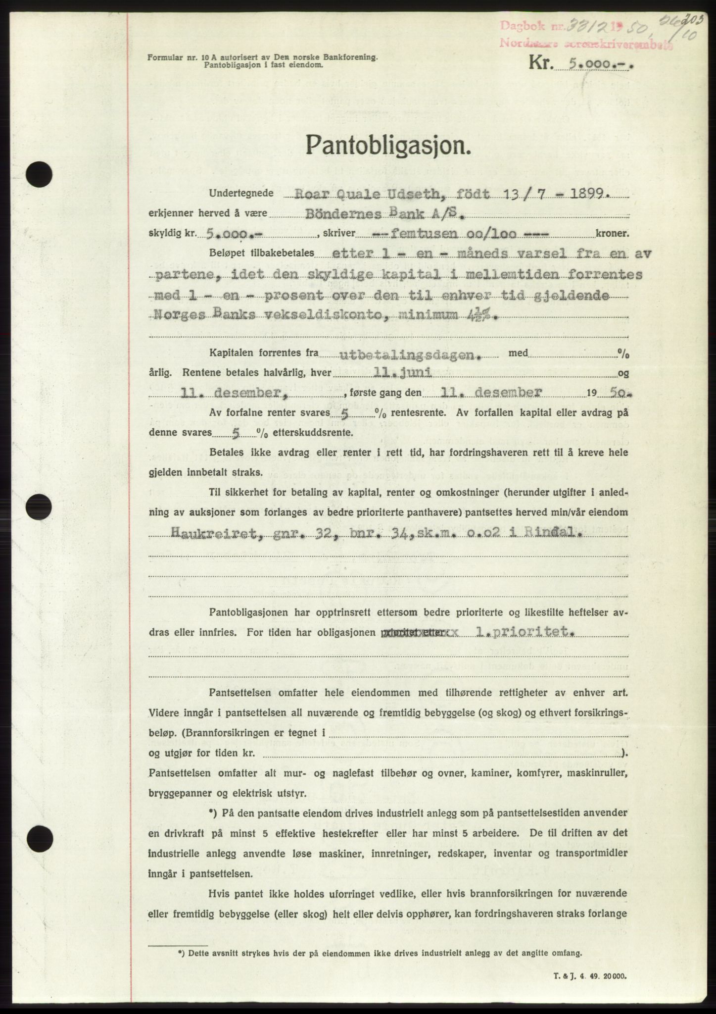 Nordmøre sorenskriveri, SAT/A-4132/1/2/2Ca: Pantebok nr. B106, 1950-1950, Dagboknr: 3312/1950