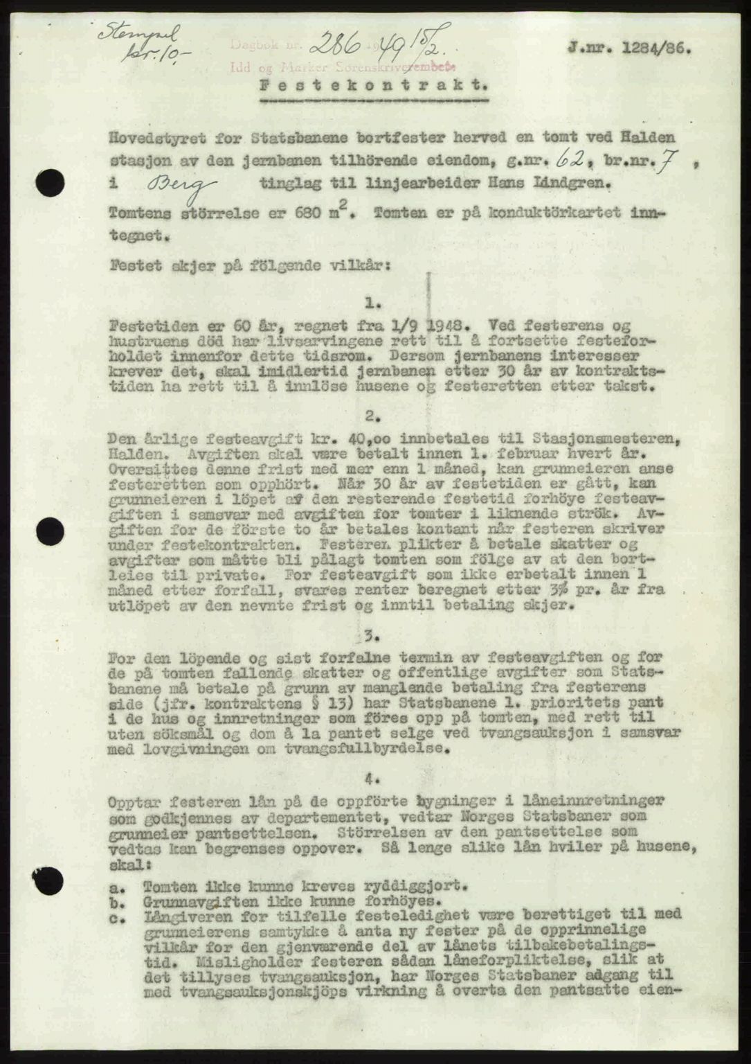 Idd og Marker sorenskriveri, SAO/A-10283/G/Gb/Gbb/L0011: Pantebok nr. A11, 1948-1949, Dagboknr: 286/1949