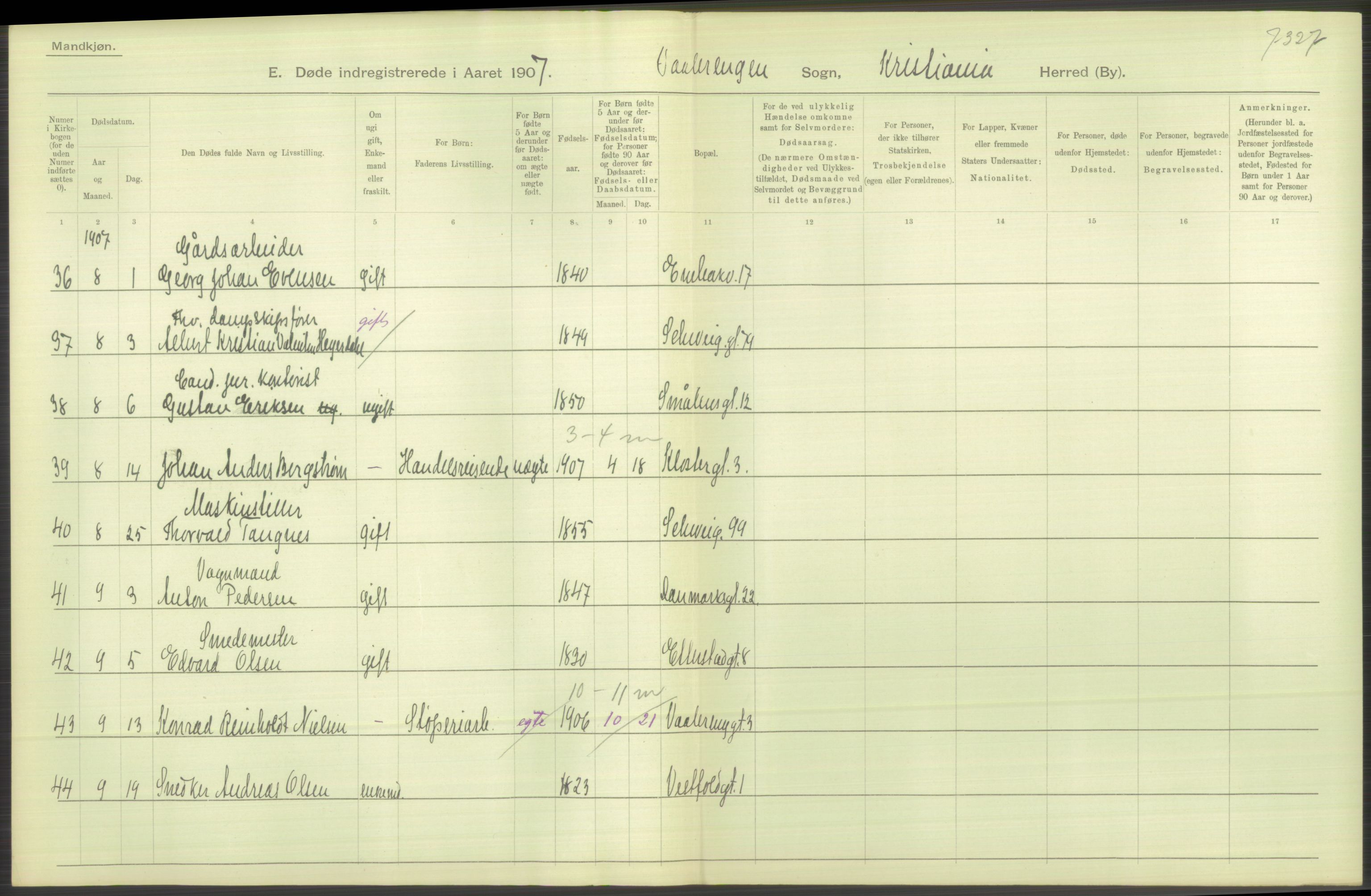 Statistisk sentralbyrå, Sosiodemografiske emner, Befolkning, RA/S-2228/D/Df/Dfa/Dfae/L0009: Kristiania: Døde, 1907, s. 94