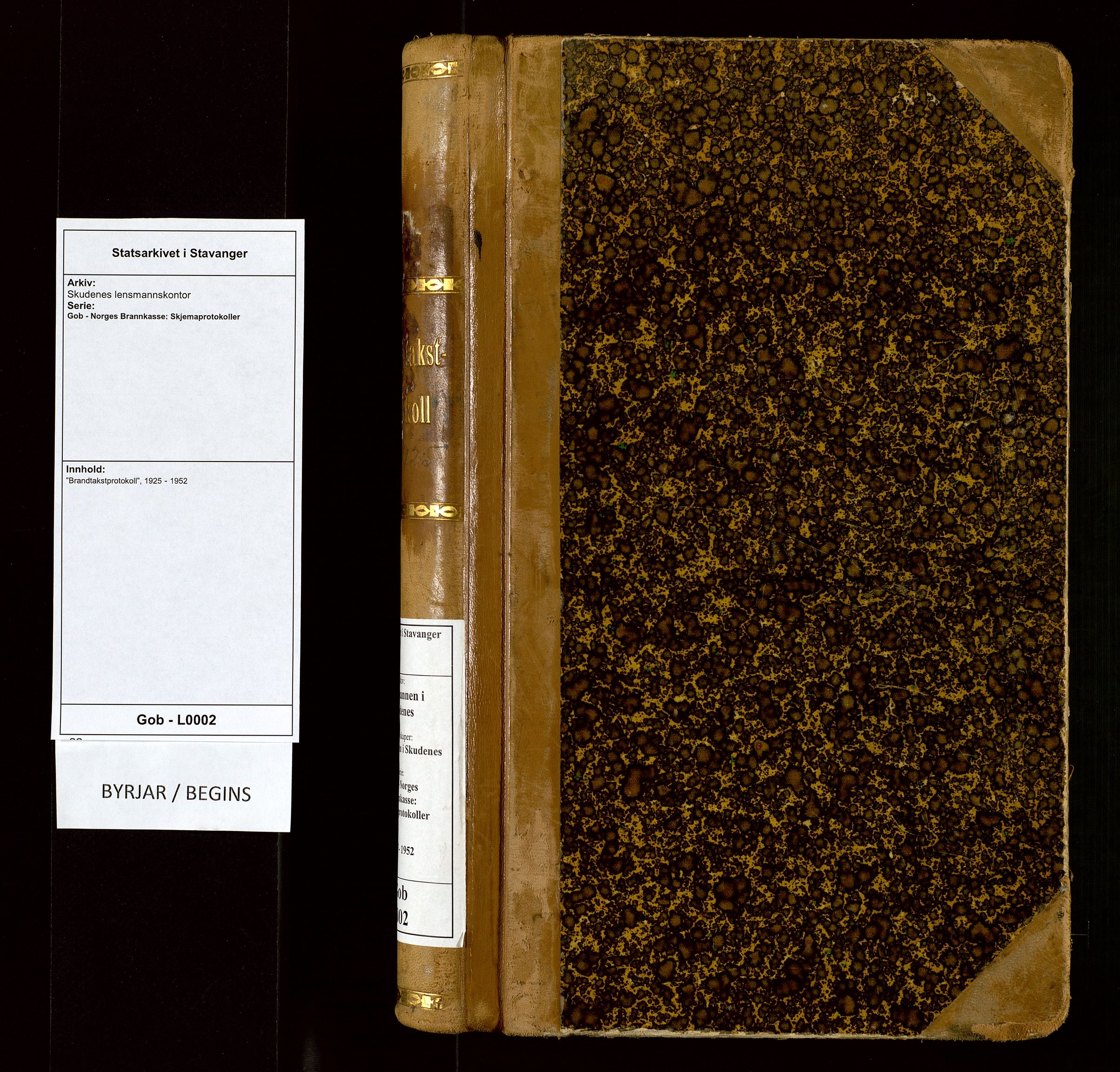 Skudenes lensmannskontor, AV/SAST-A-100444/Gob/L0002: "Brandtakstprotokoll", 1925-1952