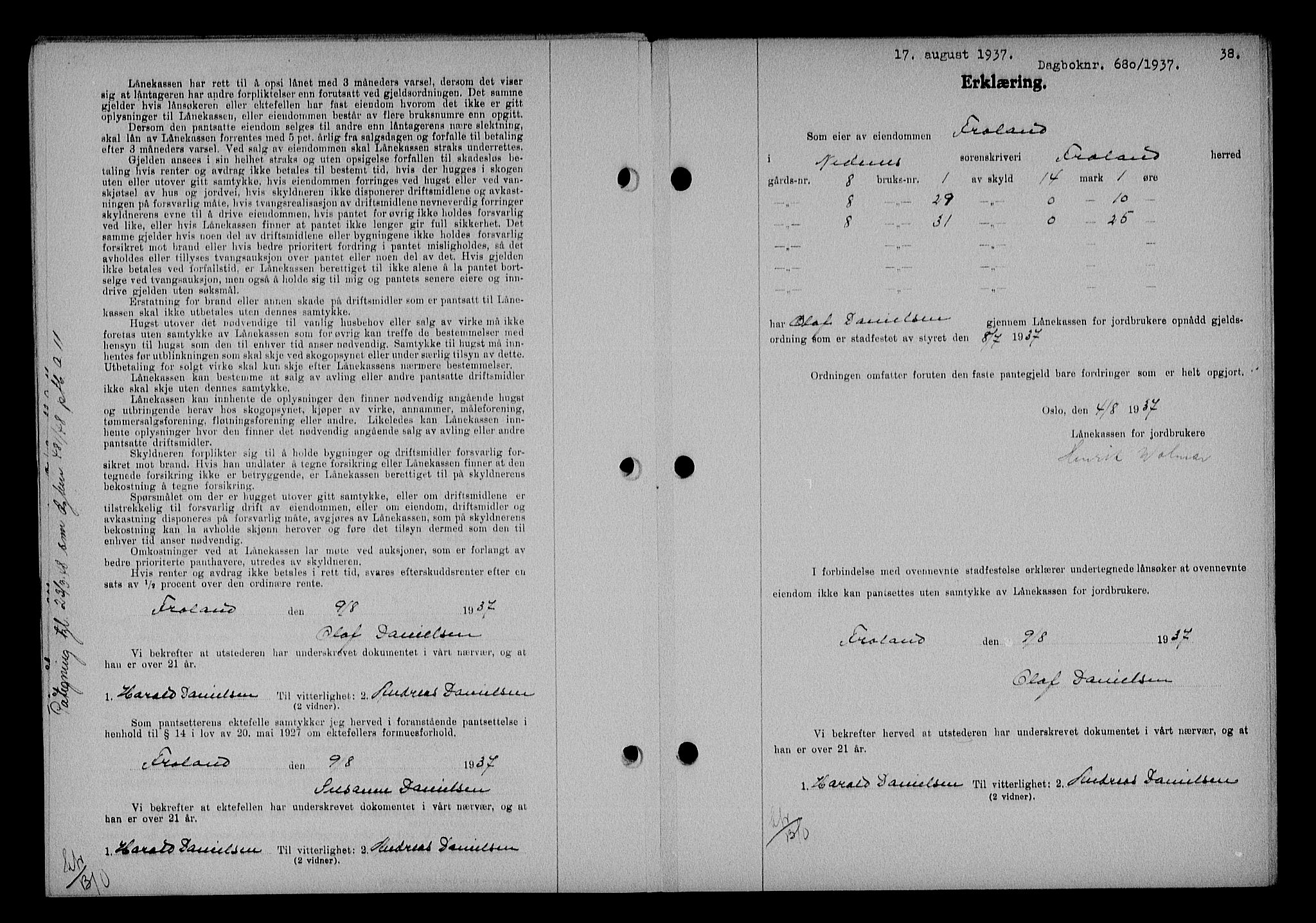 Nedenes sorenskriveri, SAK/1221-0006/G/Gb/Gba/L0044: Pantebok nr. 40, 1937-1938, Dagboknr: 680/1937