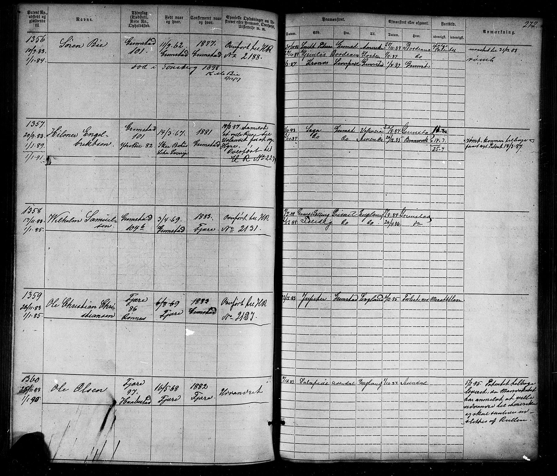 Grimstad mønstringskrets, AV/SAK-2031-0013/F/Fa/L0005: Annotasjonsrulle nr 1-1910 med register, V-18, 1870-1892, s. 310