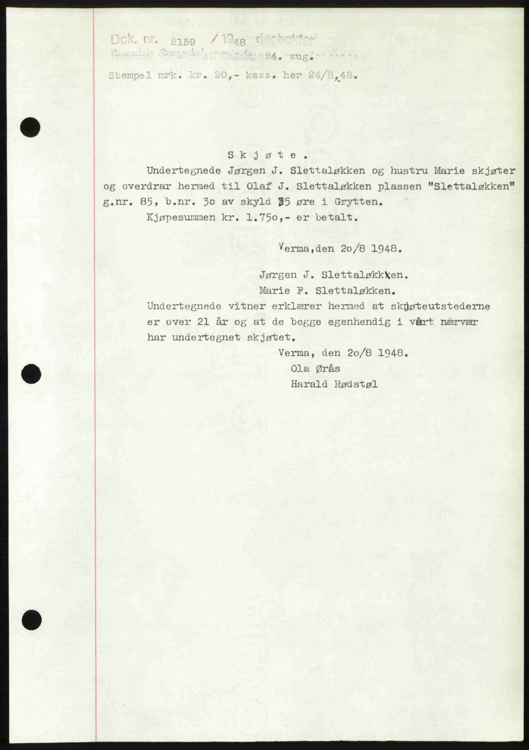Romsdal sorenskriveri, SAT/A-4149/1/2/2C: Pantebok nr. A27, 1948-1948, Dagboknr: 2159/1948