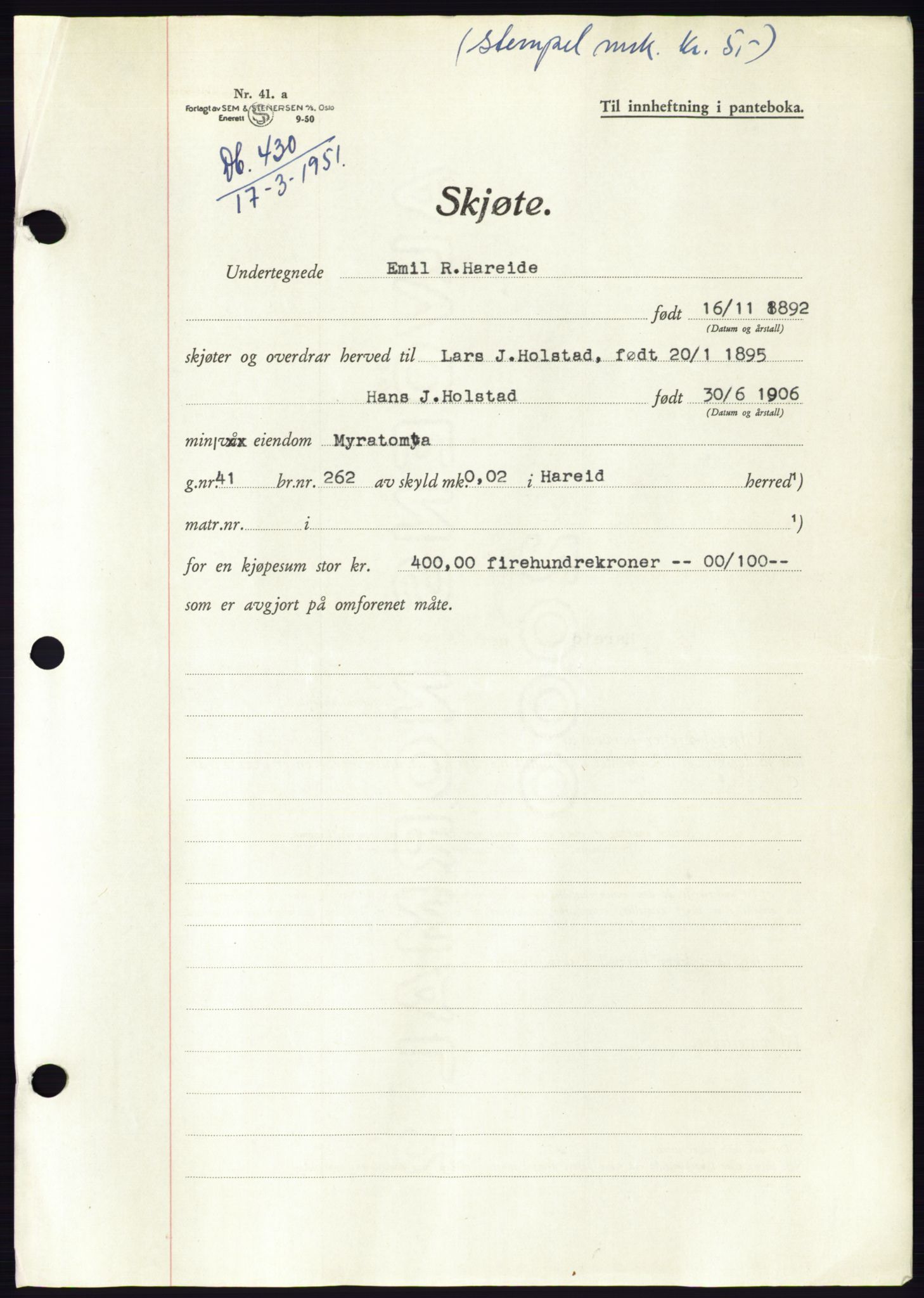 Søre Sunnmøre sorenskriveri, AV/SAT-A-4122/1/2/2C/L0089: Pantebok nr. 15A, 1951-1951, Dagboknr: 430/1951