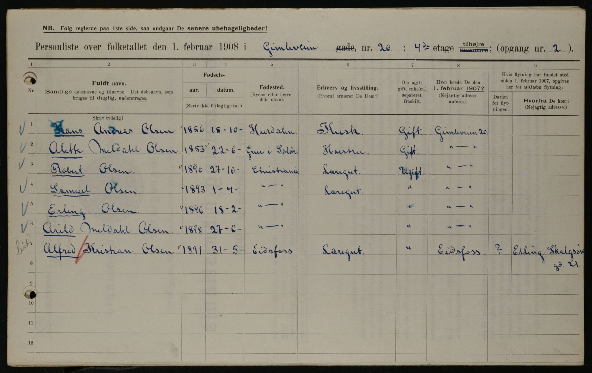 OBA, Kommunal folketelling 1.2.1908 for Kristiania kjøpstad, 1908, s. 26290