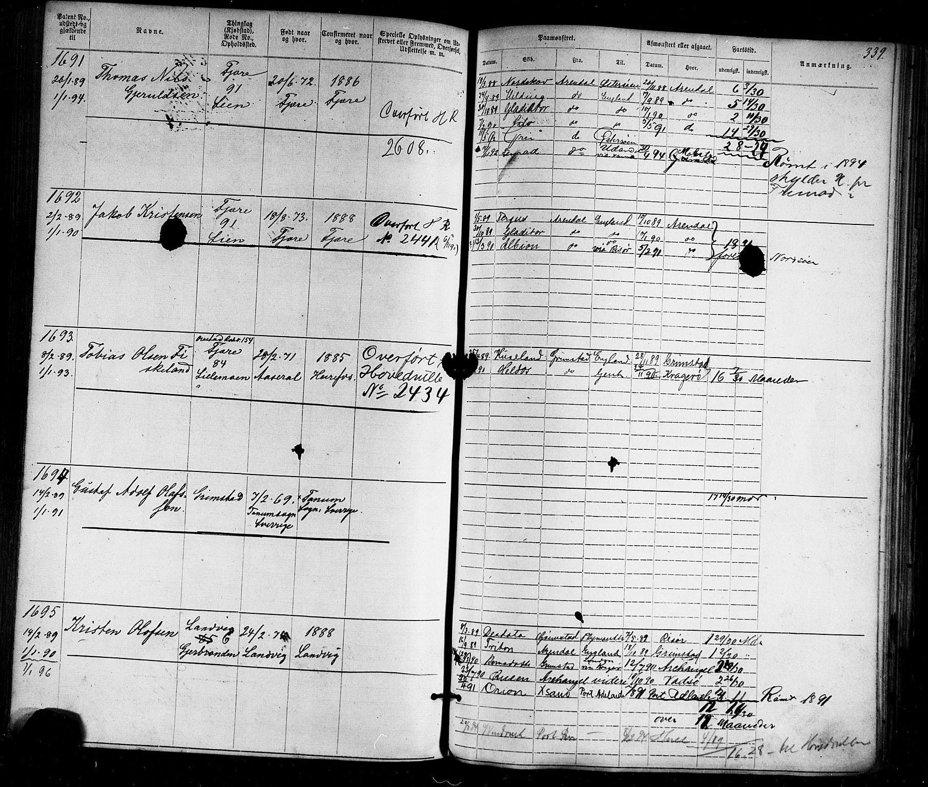 Grimstad mønstringskrets, AV/SAK-2031-0013/F/Fa/L0005: Annotasjonsrulle nr 1-1910 med register, V-18, 1870-1892, s. 378