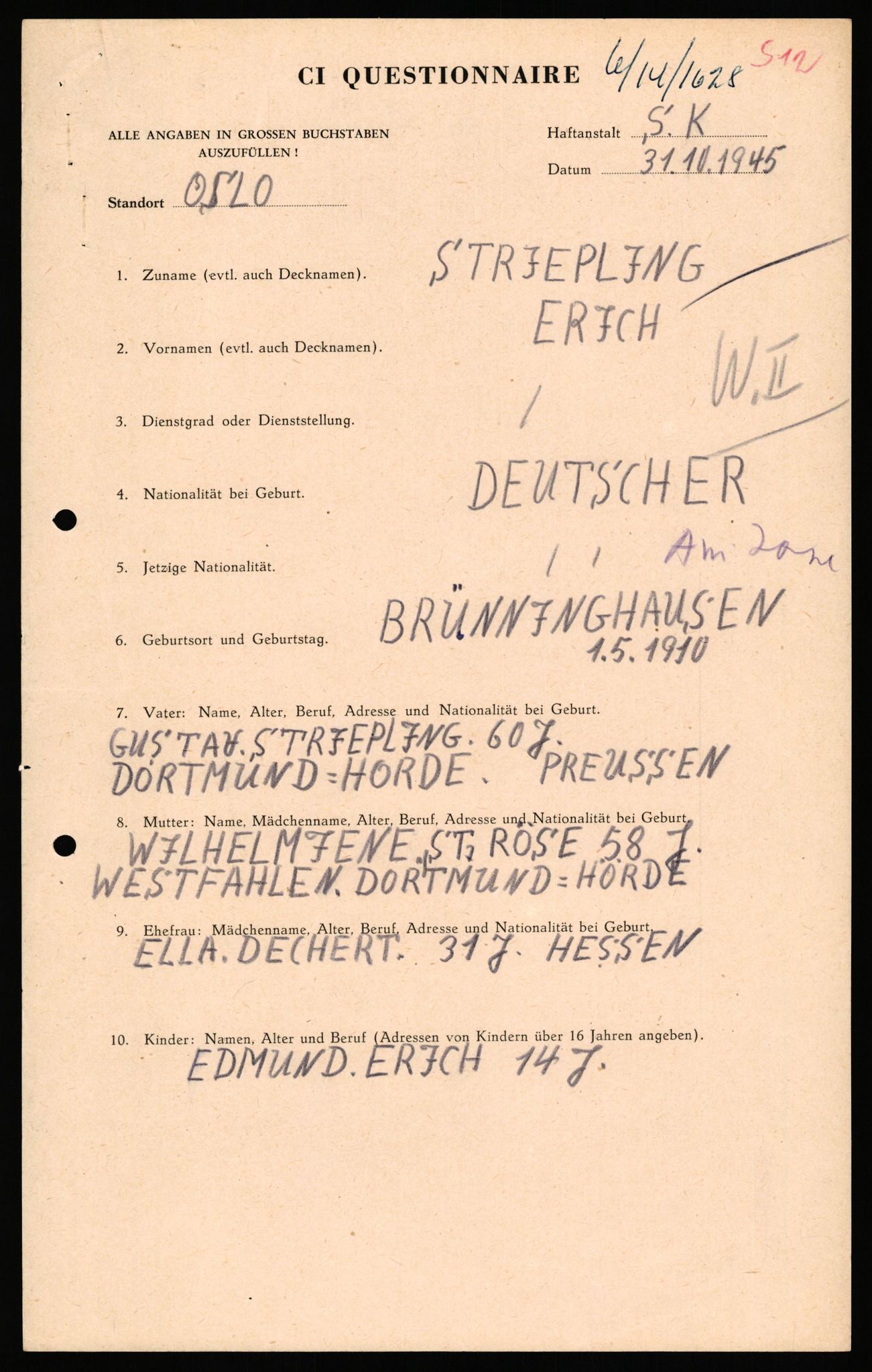 Forsvaret, Forsvarets overkommando II, AV/RA-RAFA-3915/D/Db/L0033: CI Questionaires. Tyske okkupasjonsstyrker i Norge. Tyskere., 1945-1946, s. 242