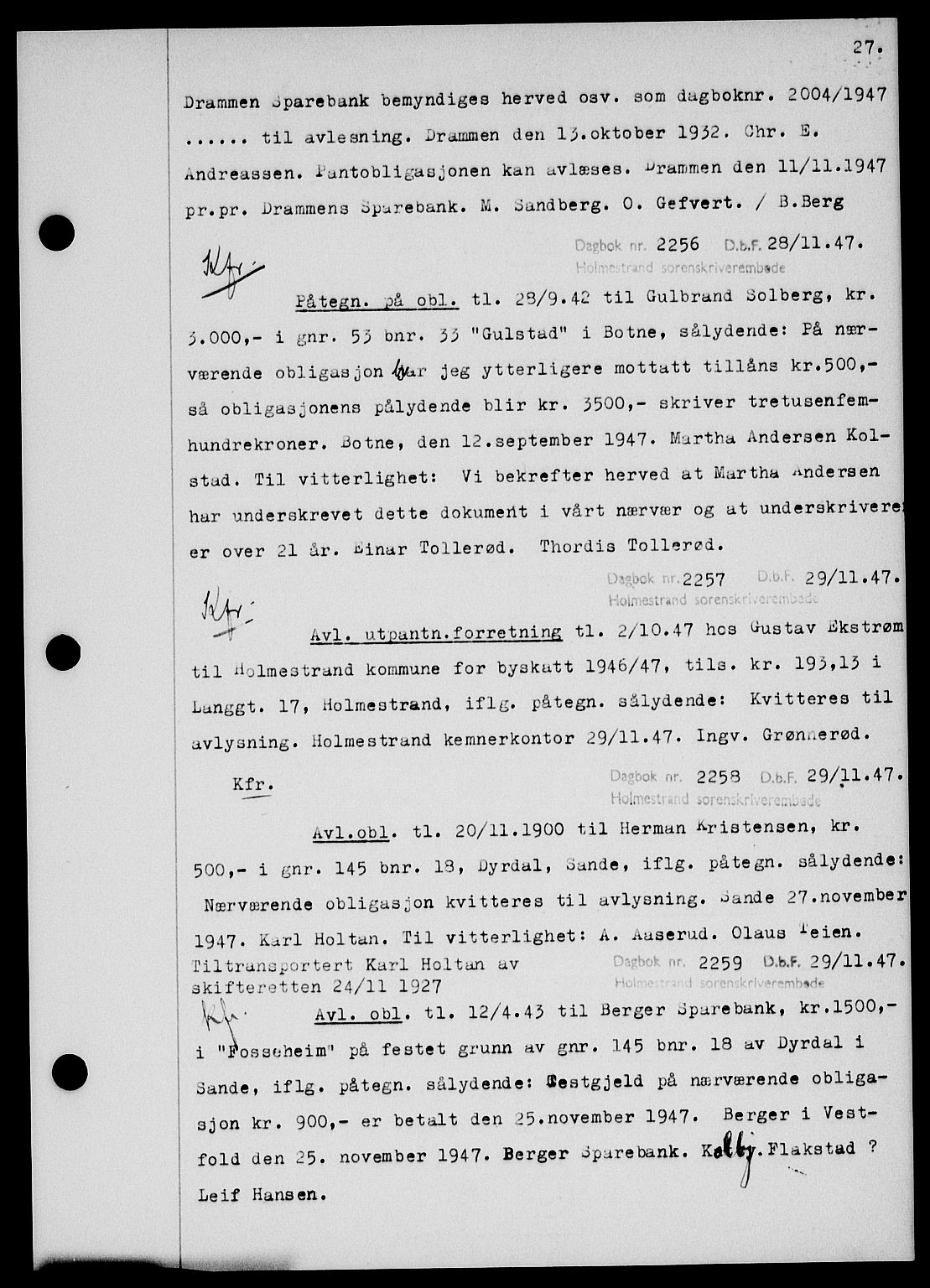 Holmestrand sorenskriveri, SAKO/A-67/G/Ga/Gab/L0058: Pantebok nr. B-58, 1947-1948, s. 27, Dagboknr: 2256/1947