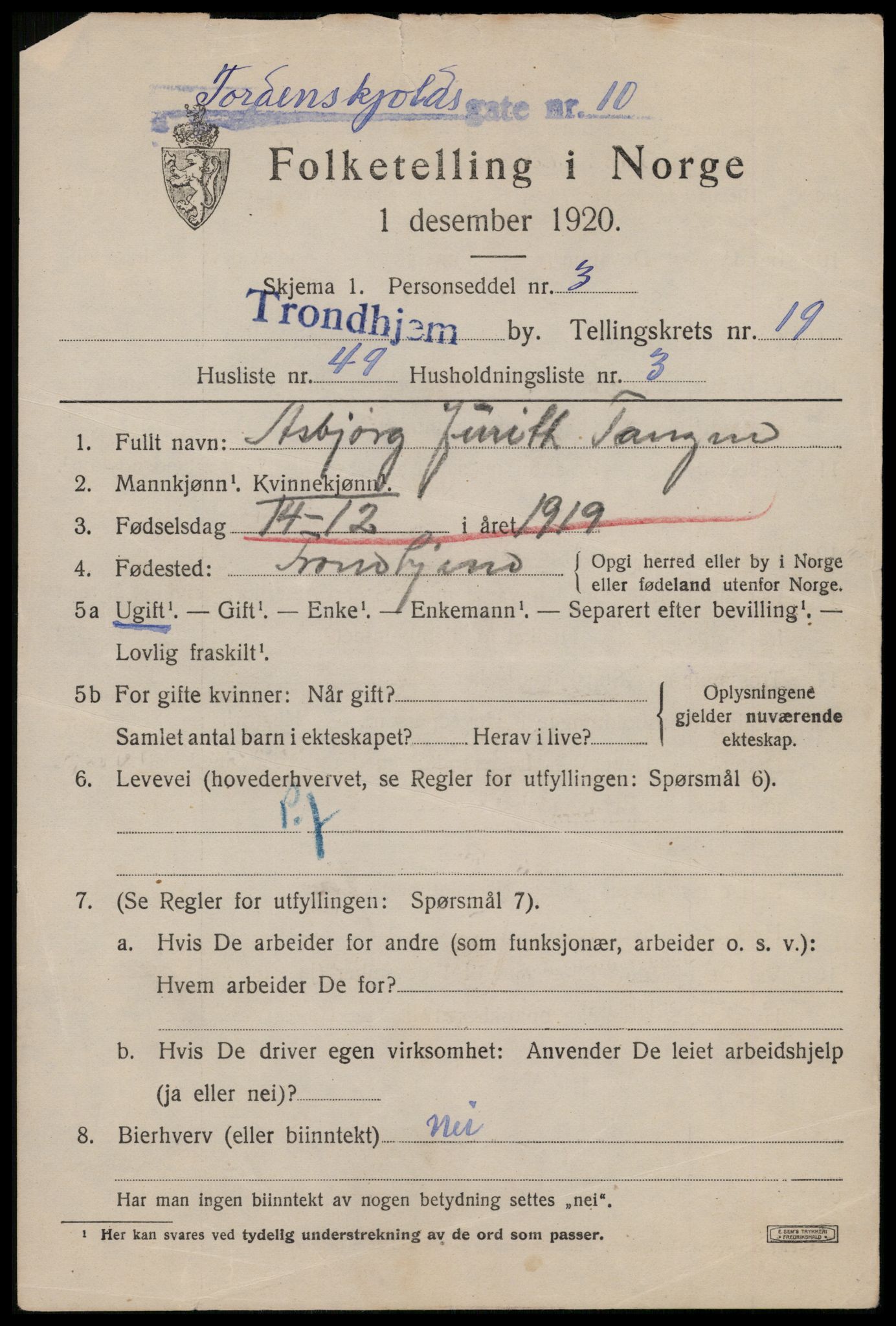 SAT, Folketelling 1920 for 1601 Trondheim kjøpstad, 1920, s. 59658