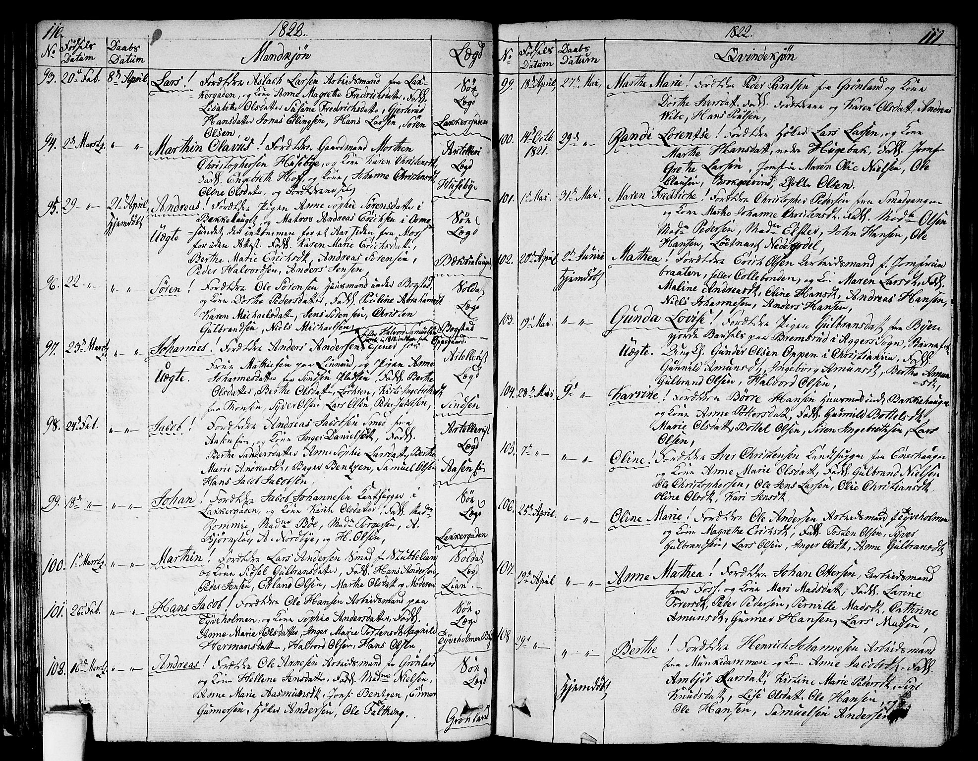 Aker prestekontor kirkebøker, AV/SAO-A-10861/G/L0004: Klokkerbok nr. 4, 1819-1829, s. 110-111