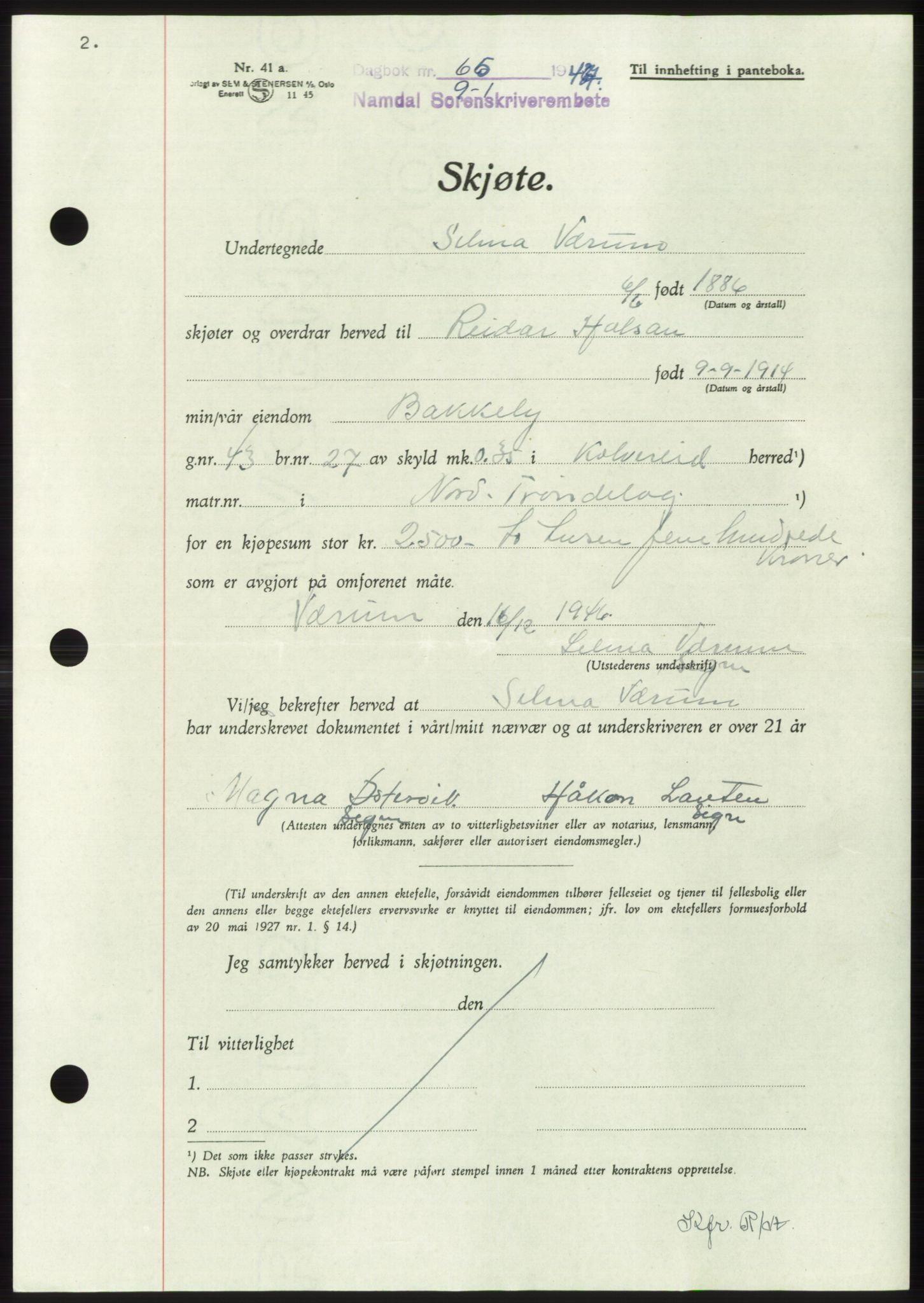 Namdal sorenskriveri, SAT/A-4133/1/2/2C: Pantebok nr. -, 1946-1947, Dagboknr: 65/1947