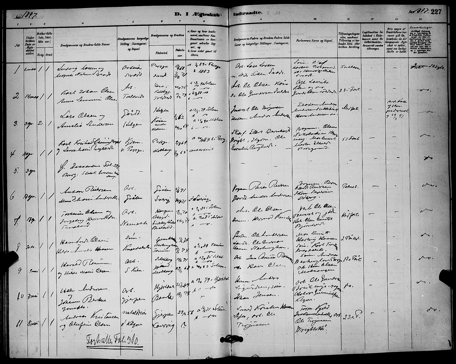 Solum kirkebøker, AV/SAKO-A-306/G/Ga/L0007: Klokkerbok nr. I 7, 1884-1898, s. 227