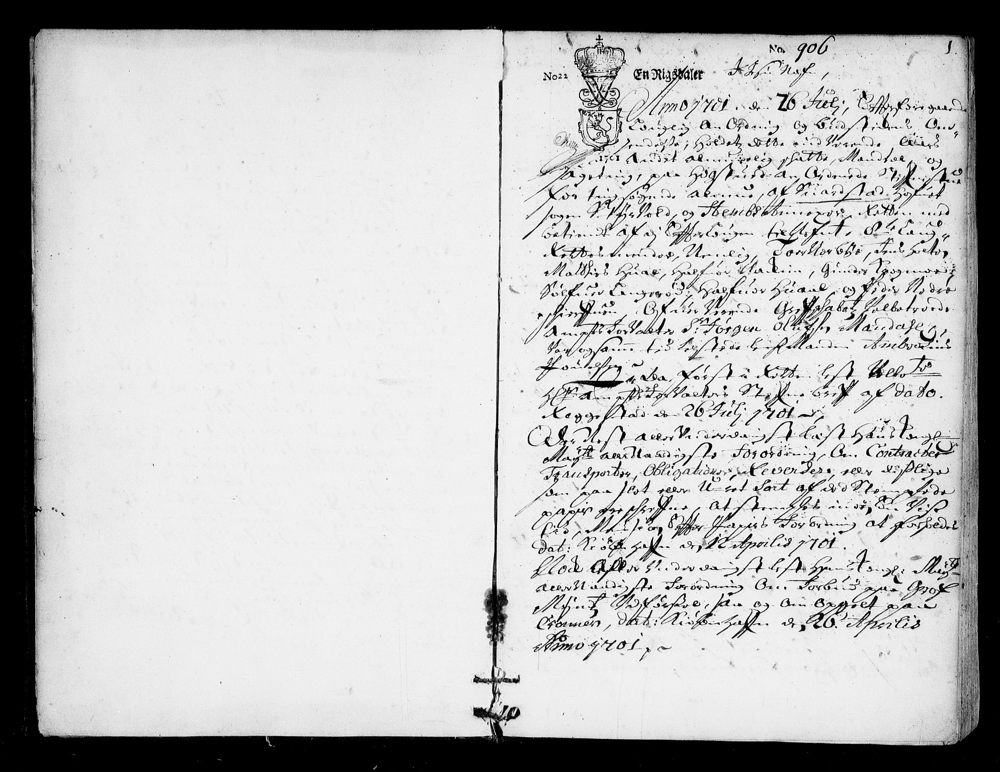 Nordre Jarlsberg sorenskriveri, SAKO/A-80/F/Fa/Faa/L0011: Tingbok, 1701-1704, s. 1