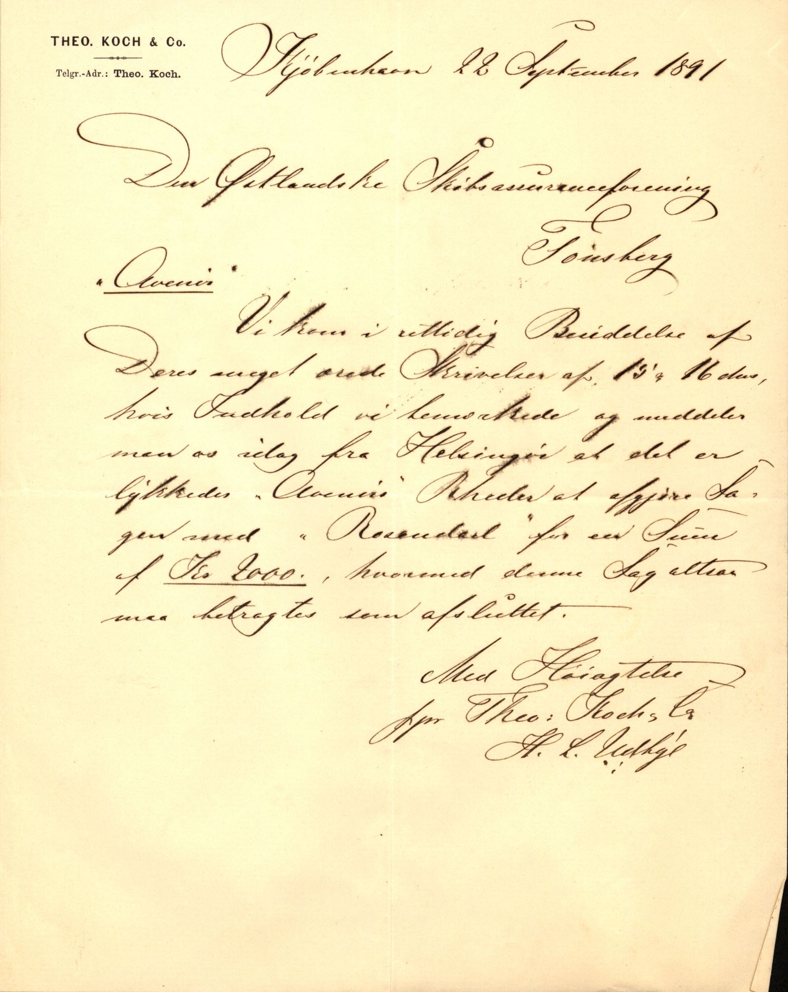 Pa 63 - Østlandske skibsassuranceforening, VEMU/A-1079/G/Ga/L0027/0004: Havaridokumenter / Avenir, Bertha, Augusta, Arctic, Black Hawk, 1891, s. 2