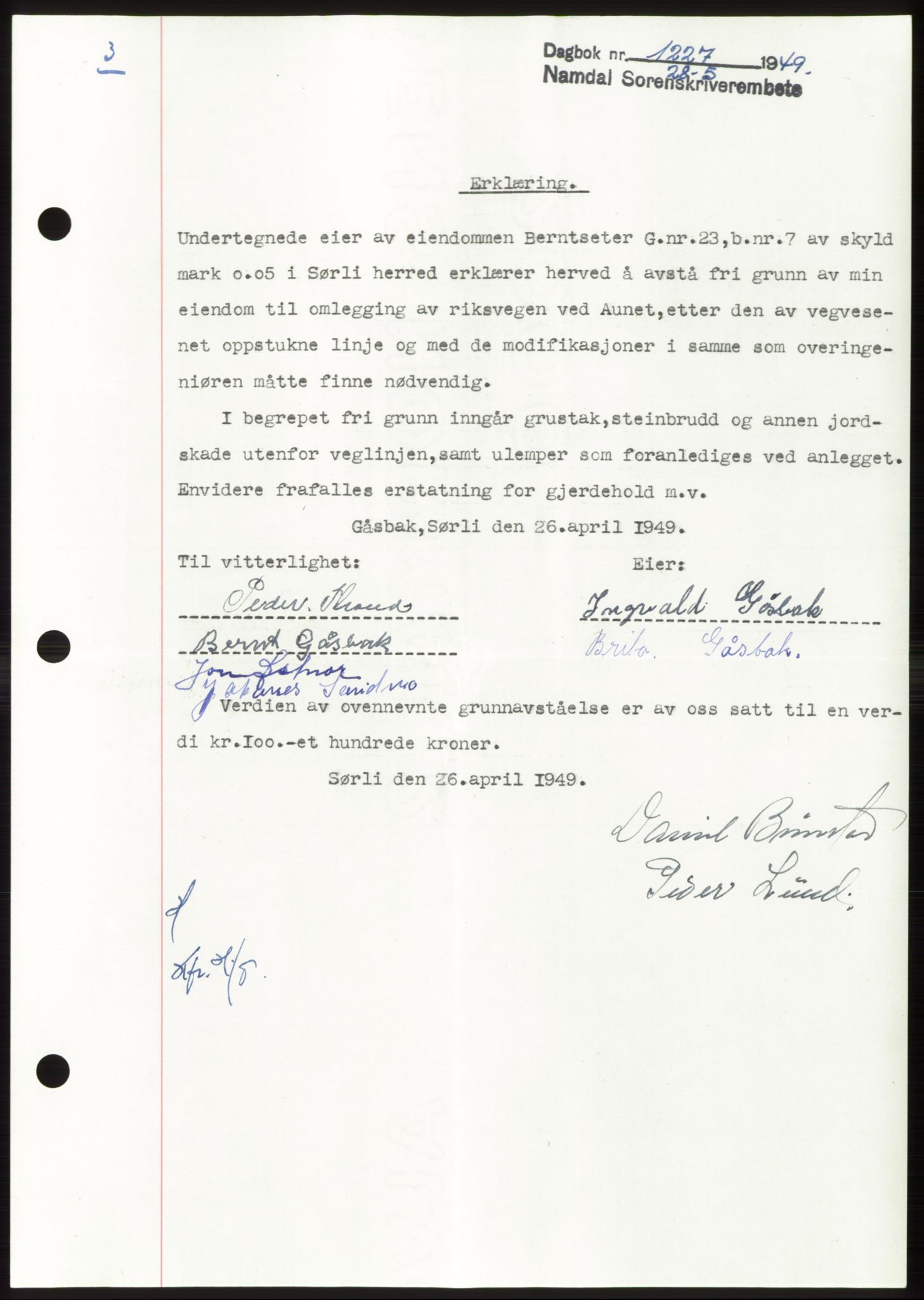 Namdal sorenskriveri, SAT/A-4133/1/2/2C: Pantebok nr. -, 1949-1949, Dagboknr: 1227/1949