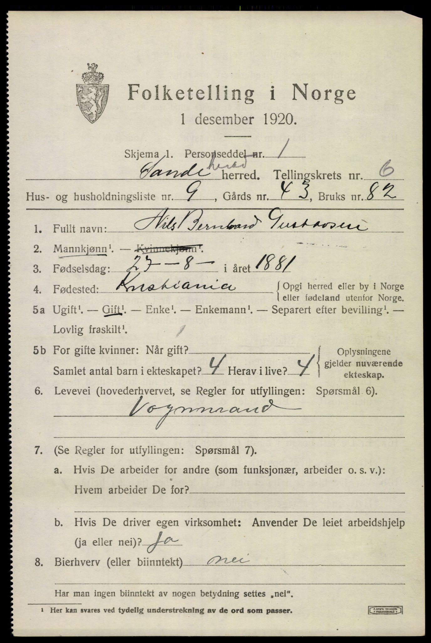SAKO, Folketelling 1920 for 0724 Sandeherred herred, 1920, s. 9704