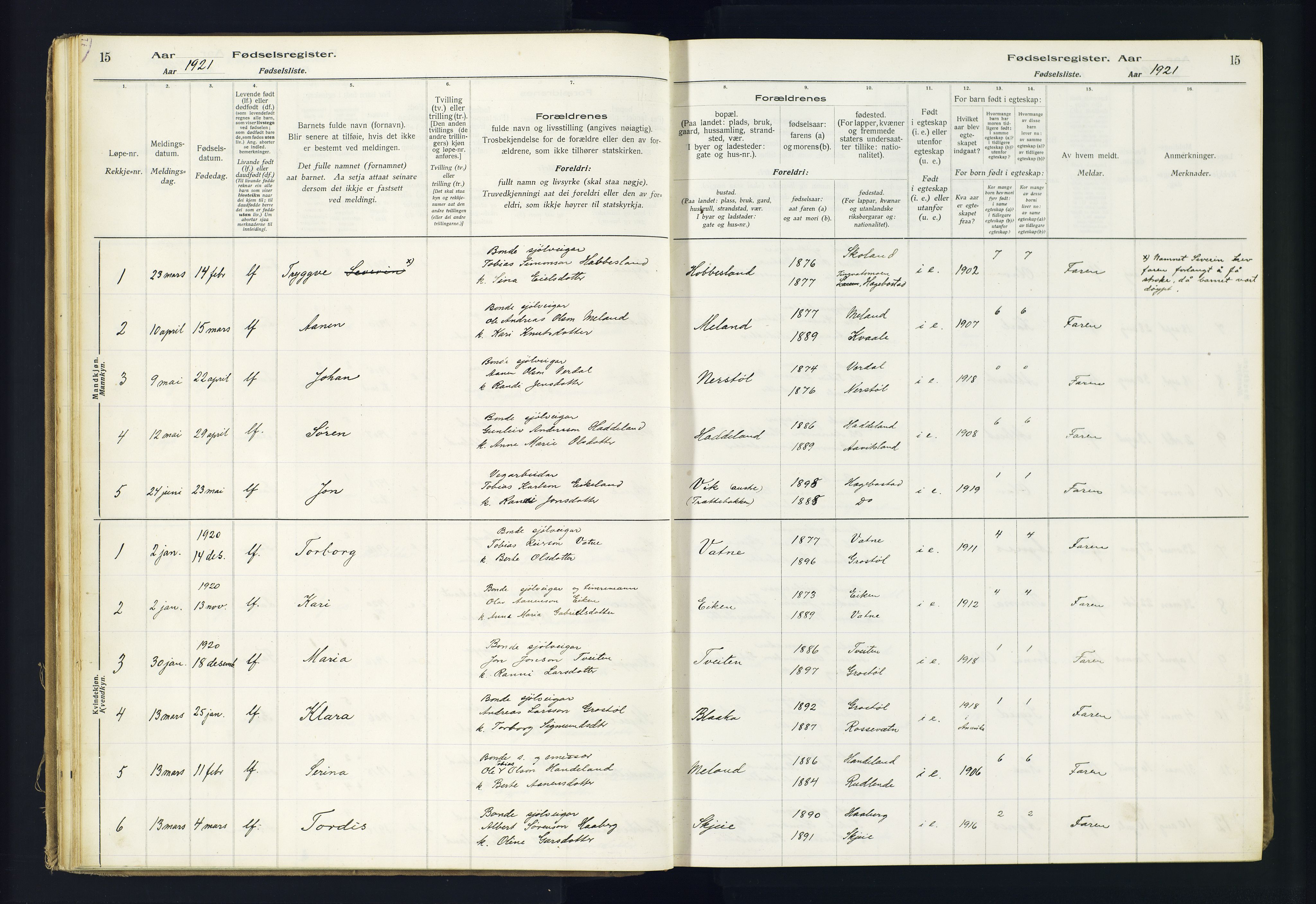 Hægebostad sokneprestkontor, SAK/1111-0024/J/Ja/L0002: Fødselsregister nr. II.6.8, 1916-1982, s. 15