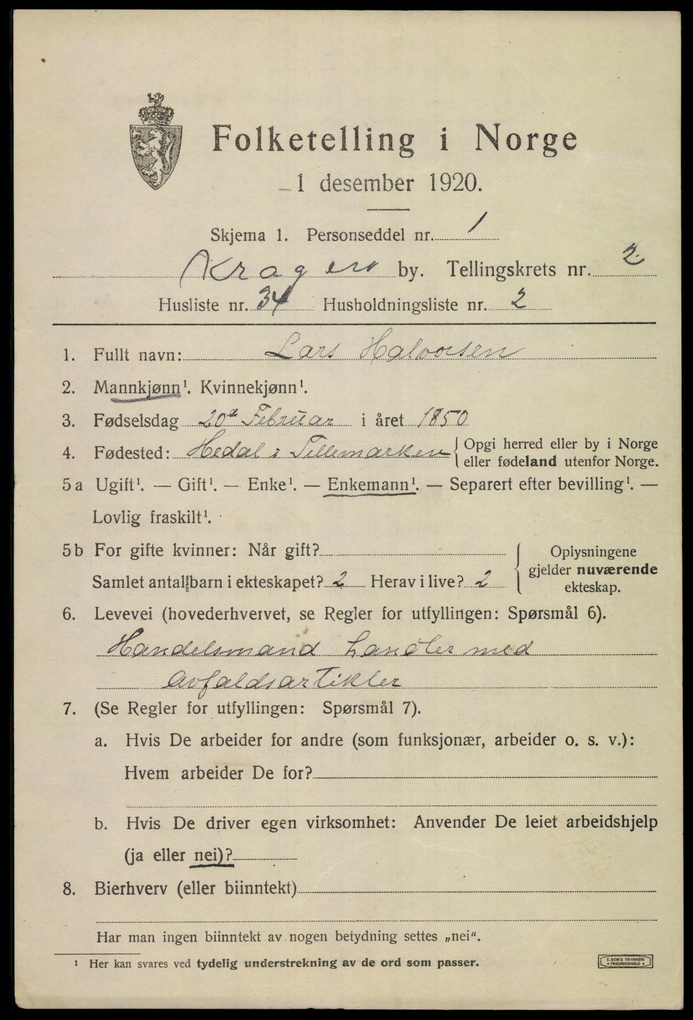 SAKO, Folketelling 1920 for 0801 Kragerø kjøpstad, 1920, s. 5761