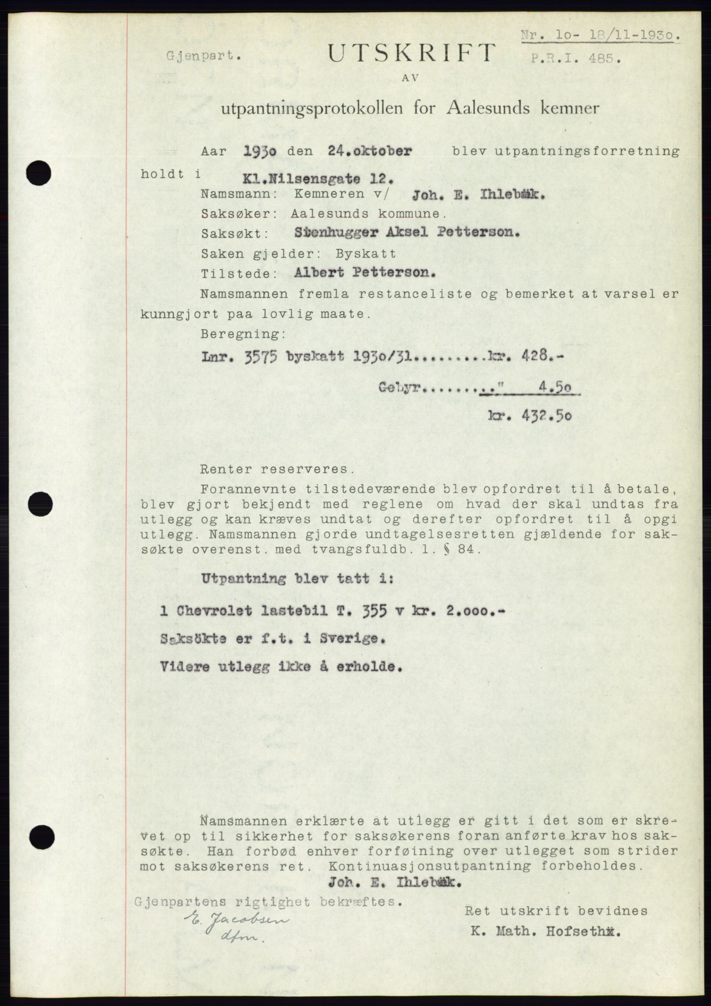 Ålesund byfogd, AV/SAT-A-4384: Pantebok nr. 26, 1930-1930, Tingl.dato: 18.11.1930