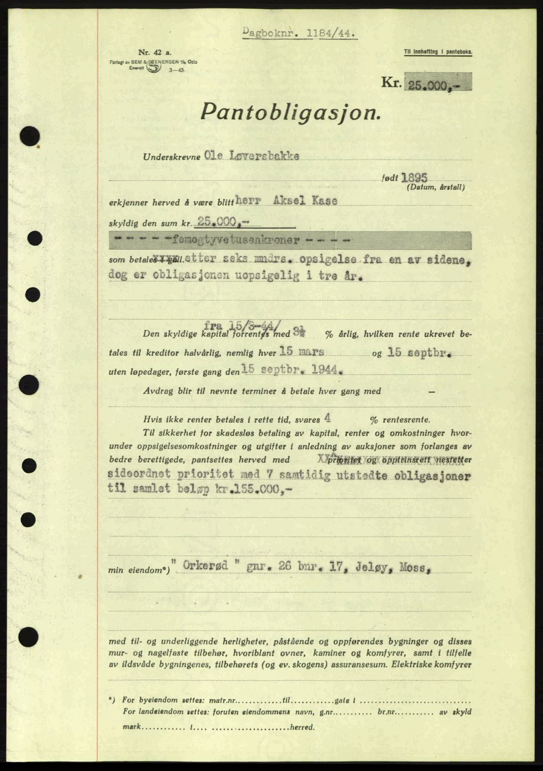 Moss sorenskriveri, SAO/A-10168: Pantebok nr. B13, 1943-1945, Dagboknr: 1184/1944