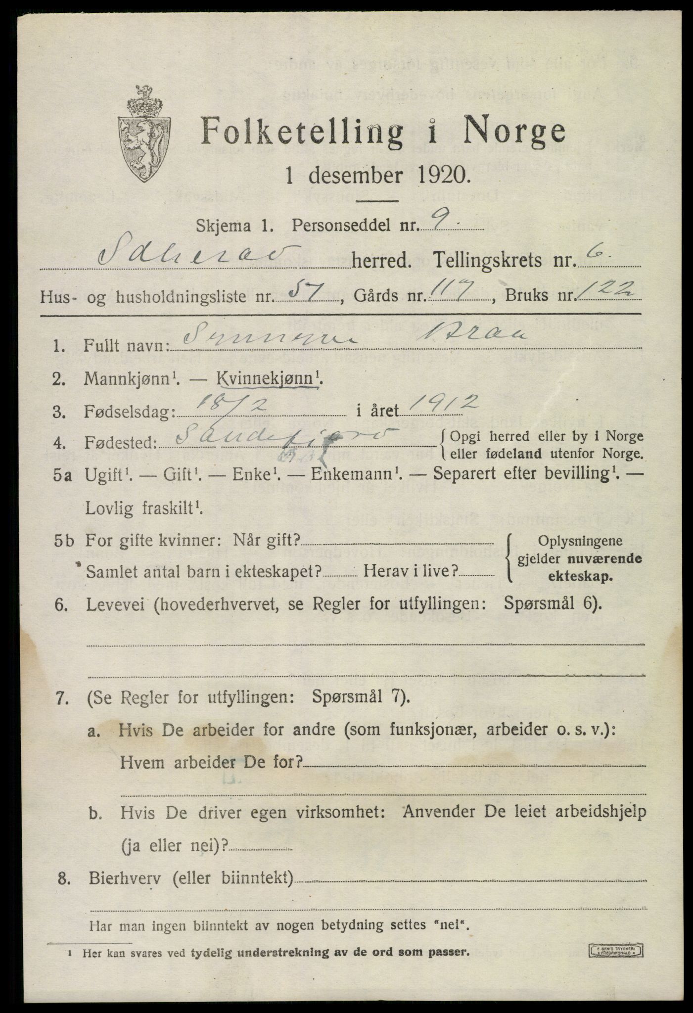 SAKO, Folketelling 1920 for 0724 Sandeherred herred, 1920, s. 10262