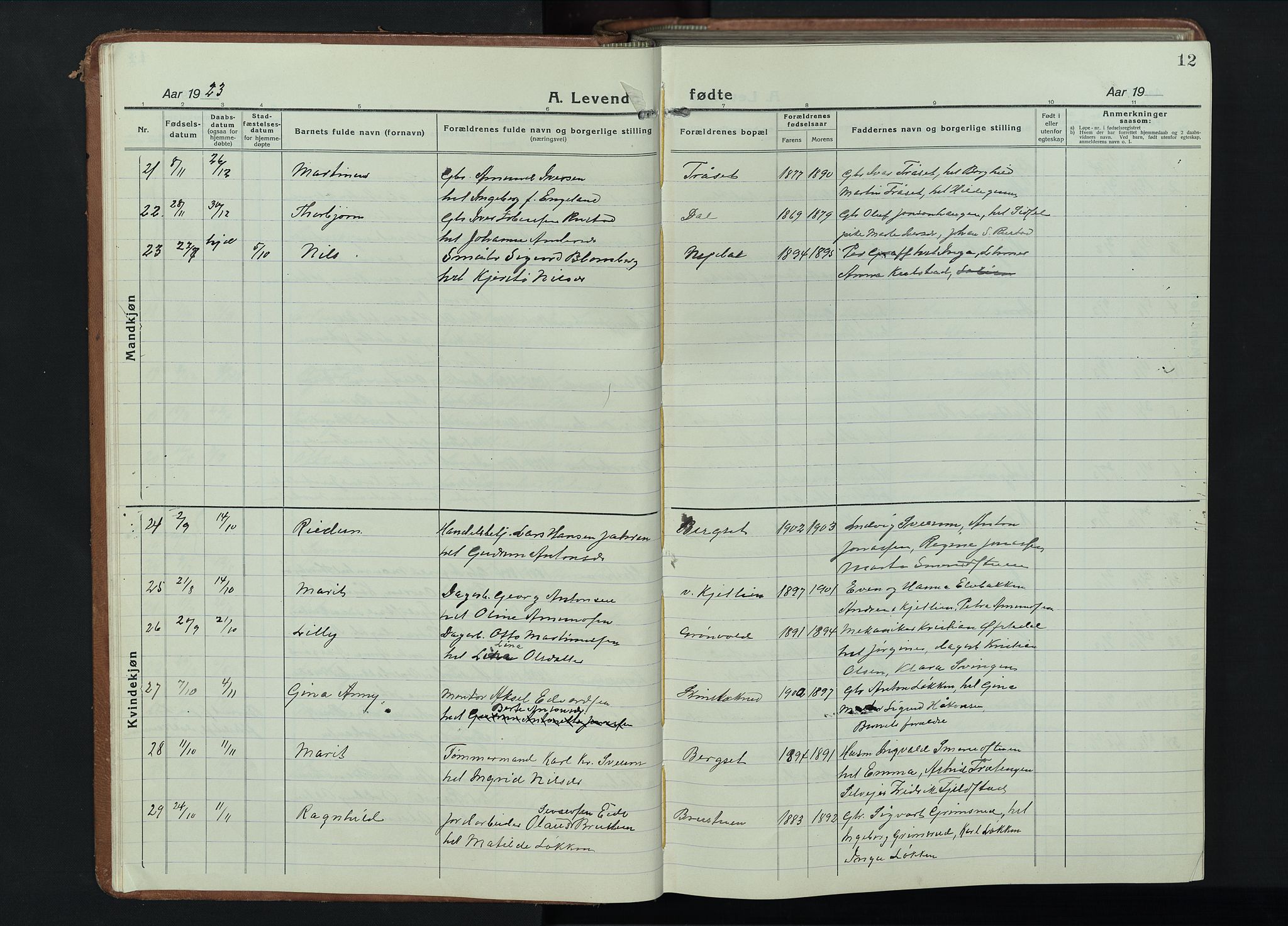 Fåberg prestekontor, AV/SAH-PREST-086/H/Ha/Hab/L0014: Klokkerbok nr. 14, 1922-1946, s. 12