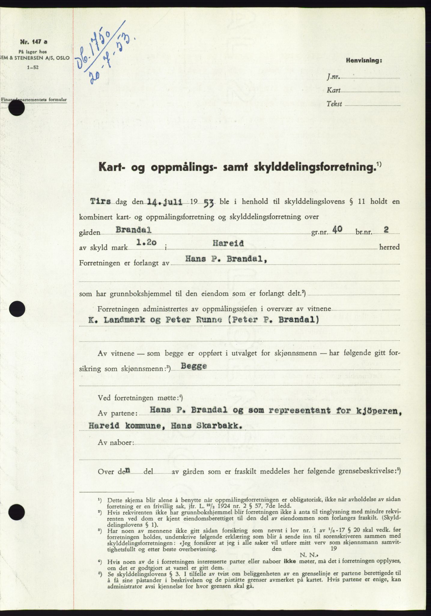 Søre Sunnmøre sorenskriveri, AV/SAT-A-4122/1/2/2C/L0095: Pantebok nr. 21A, 1953-1953, Dagboknr: 1750/1953